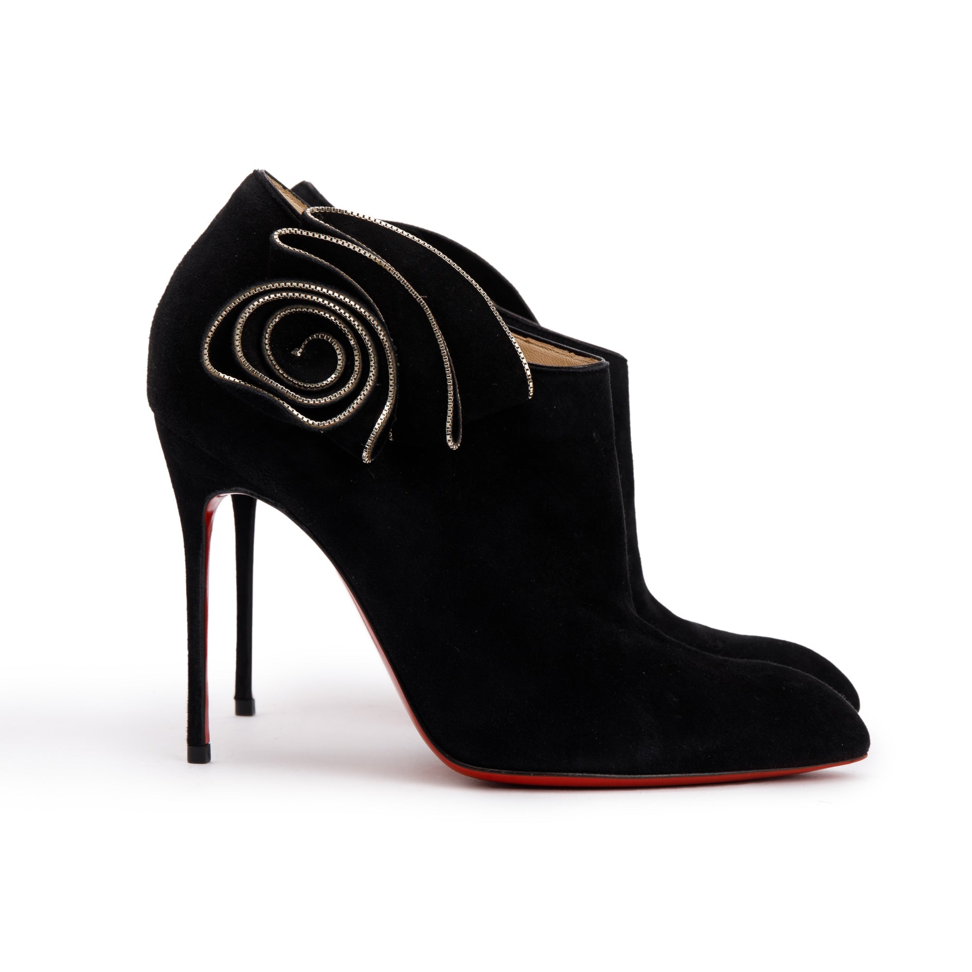 Christian Louboutin Black Suede Ruffle Embellished Ankle Boots, Size 38