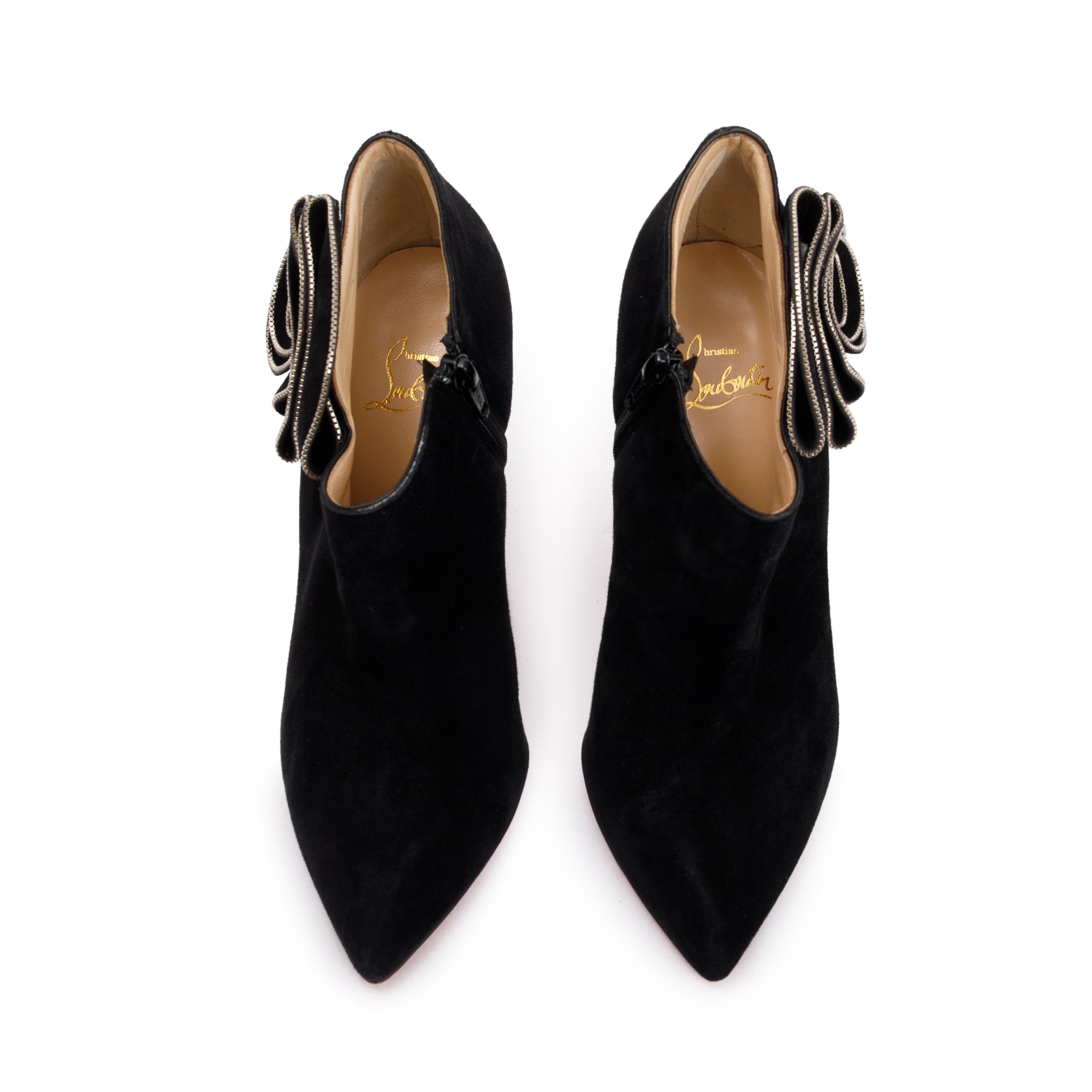 Christian Louboutin Black Suede Ruffle Embellished Ankle Boots, Size 38