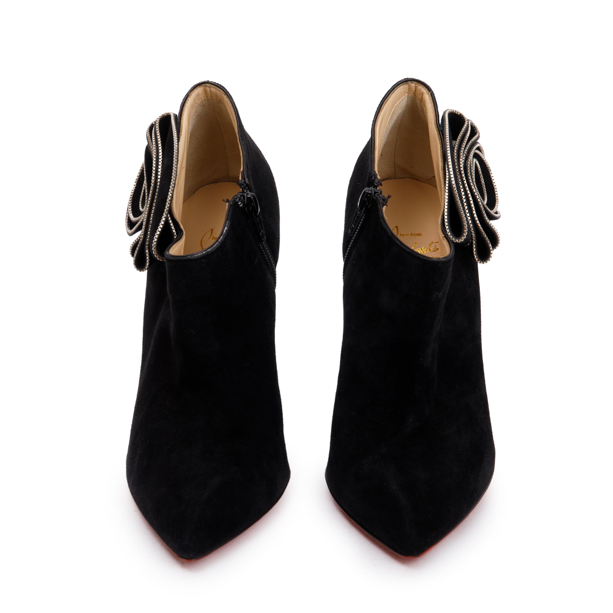 Christian Louboutin Black Suede Ruffle Embellished Ankle Boots, Size 38