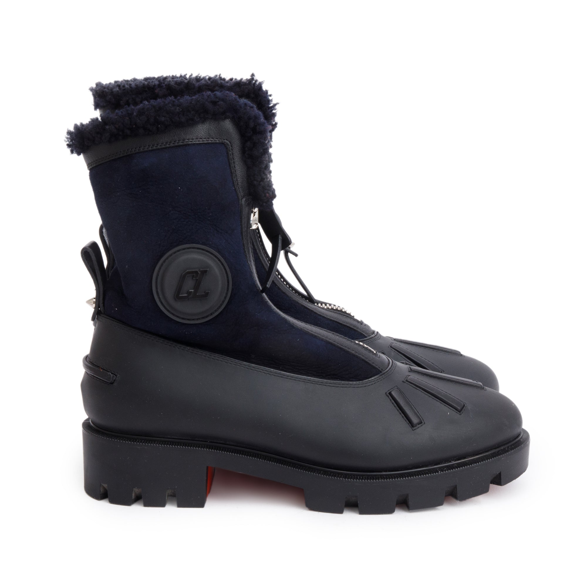 Christian Louboutin Black Suede Shearling Rubber Glory Rain Boots, Size 38