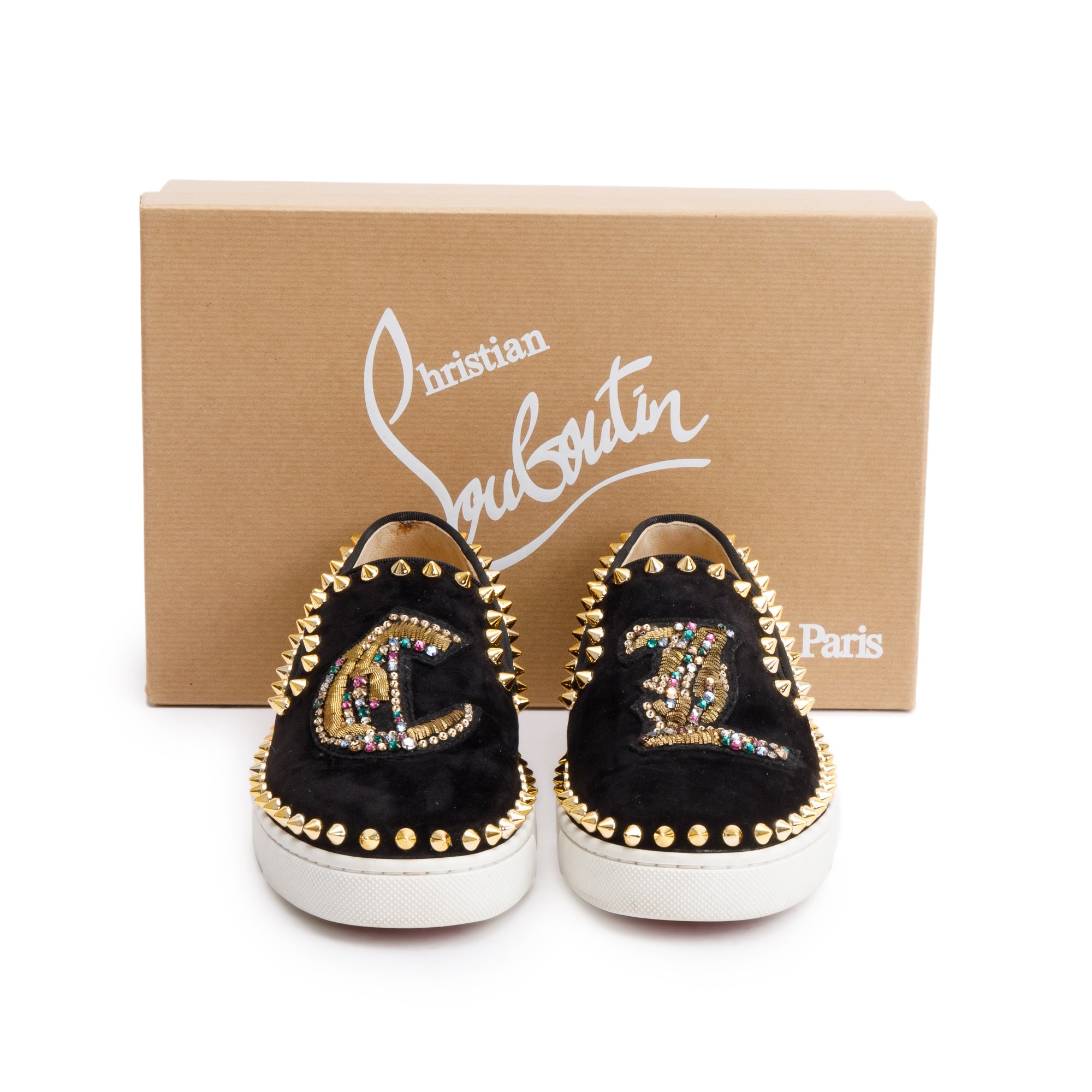 Christian Louboutin Black Suede crystal Embellished Spike Slide Sneakers, Size 34 w/ Box