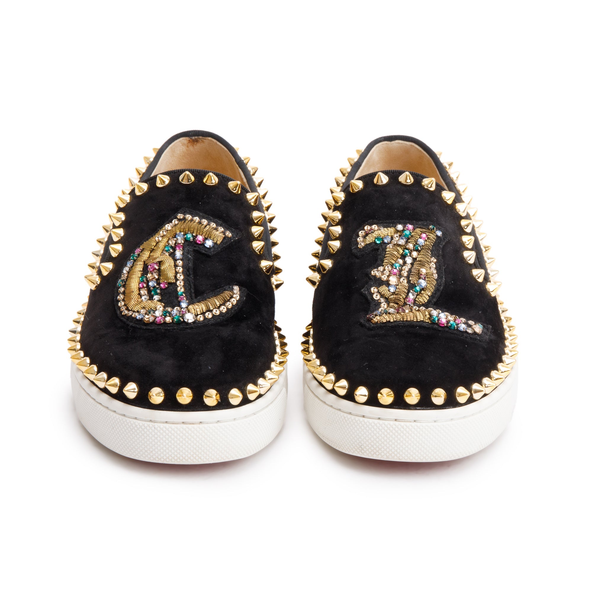 Christian Louboutin Black Suede crystal Embellished Spike Slide Sneakers, Size 34 w/ Box