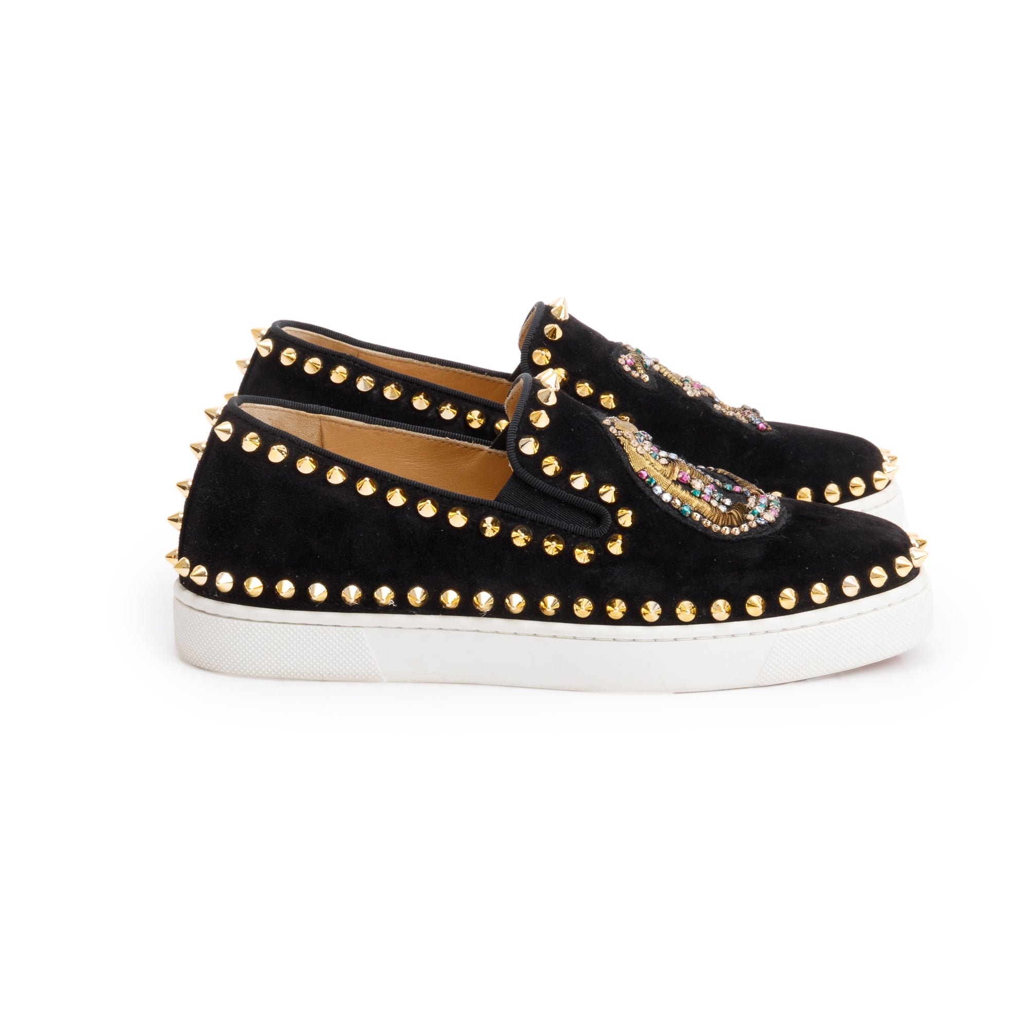 Christian Louboutin Black Suede crystal Embellished Spike Slide Sneakers, Size 34 w/ Box
