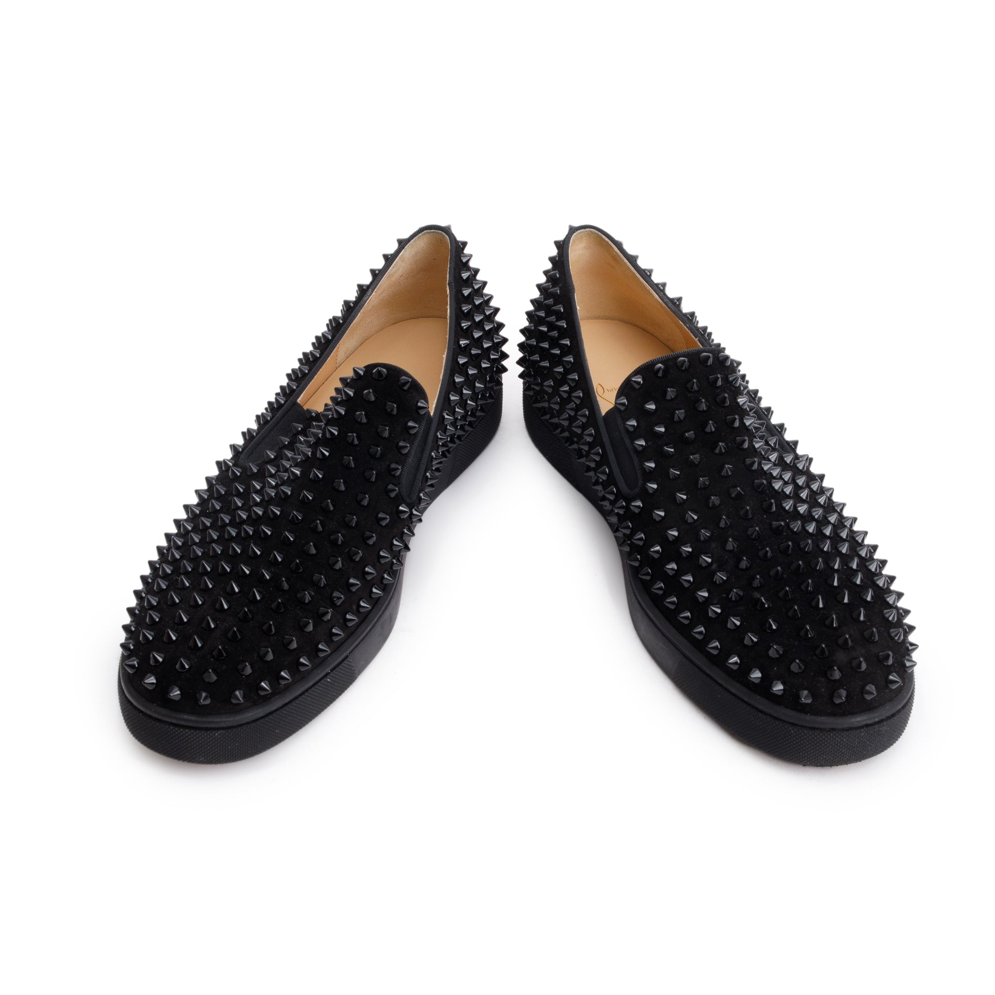 Christian Louboutin Black Velours Spike Roller Boat Slide Sneakers, Size 44.5 w/ Box
