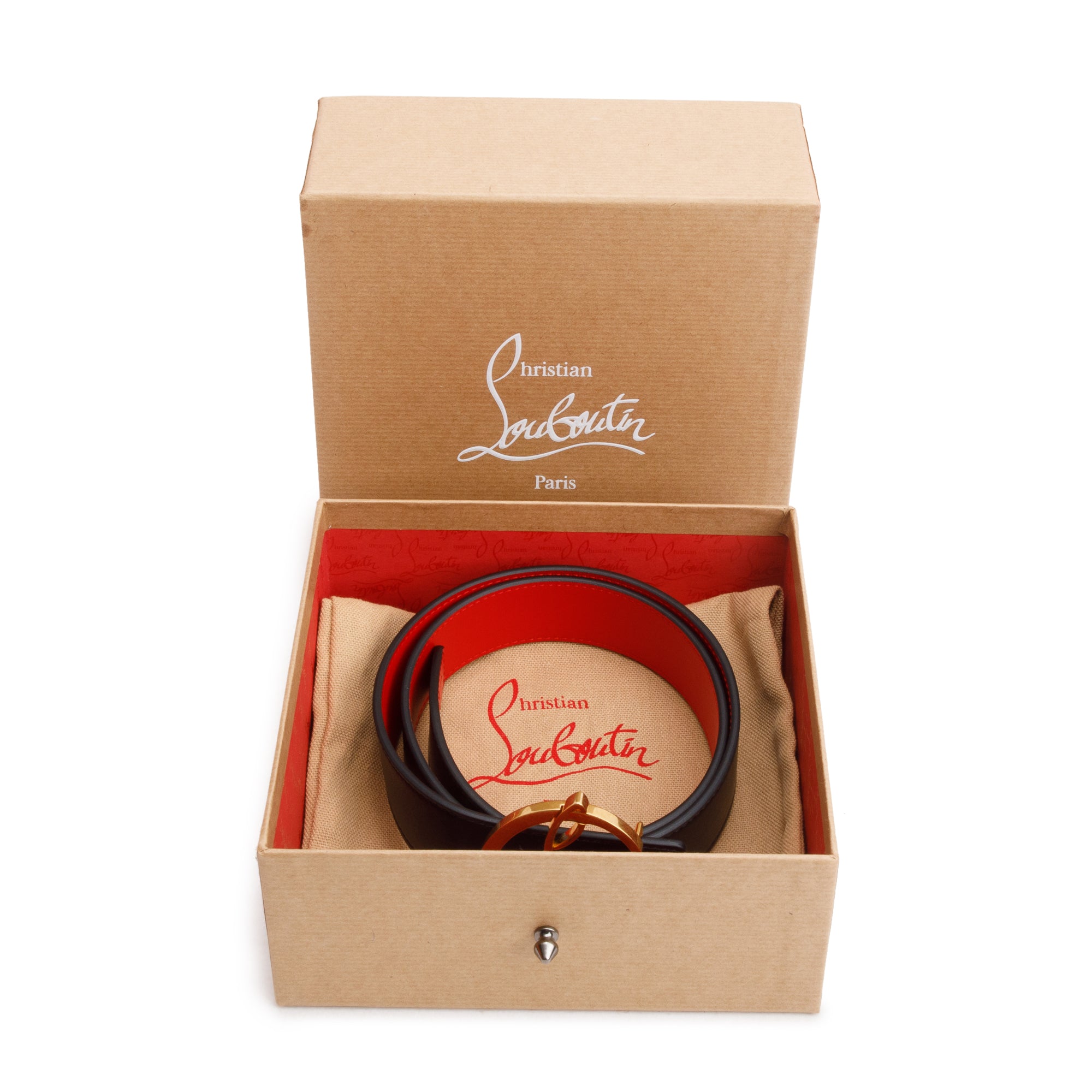 Christian Louboutin Black/Red Calf Leather CL Logo Belt, Size 75 30 w/ Box