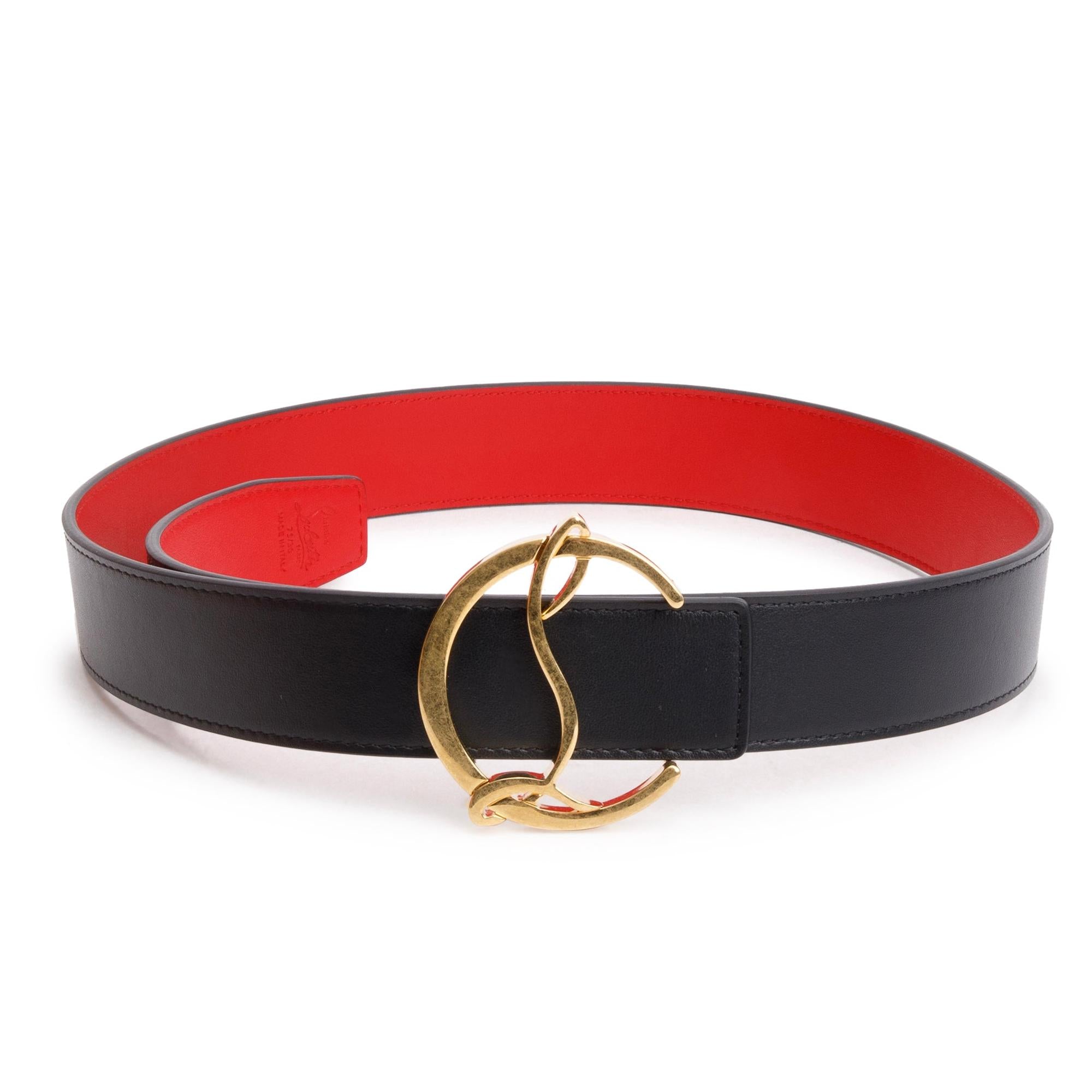 Christian Louboutin Black/Red Calf Leather CL Logo Belt, Size 75 30 w/ Box