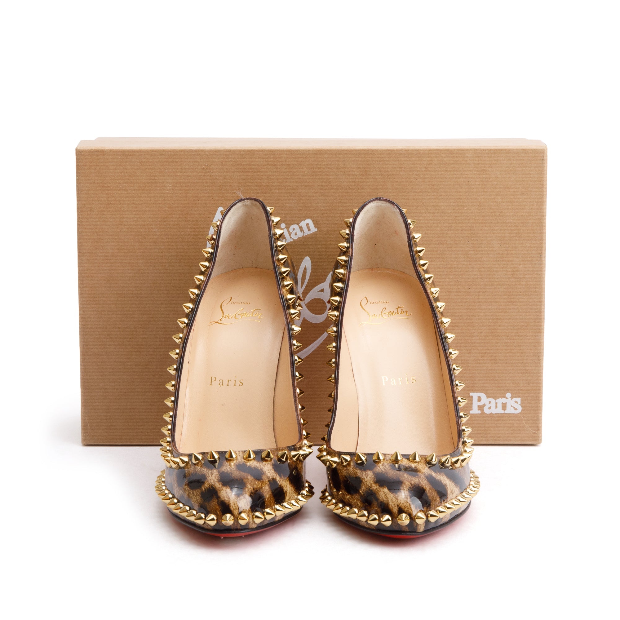 Christian Louboutin Brown Leopard Print Patent Leather Dorispiky 100 Pumps, Size 37.5 w/ Box
