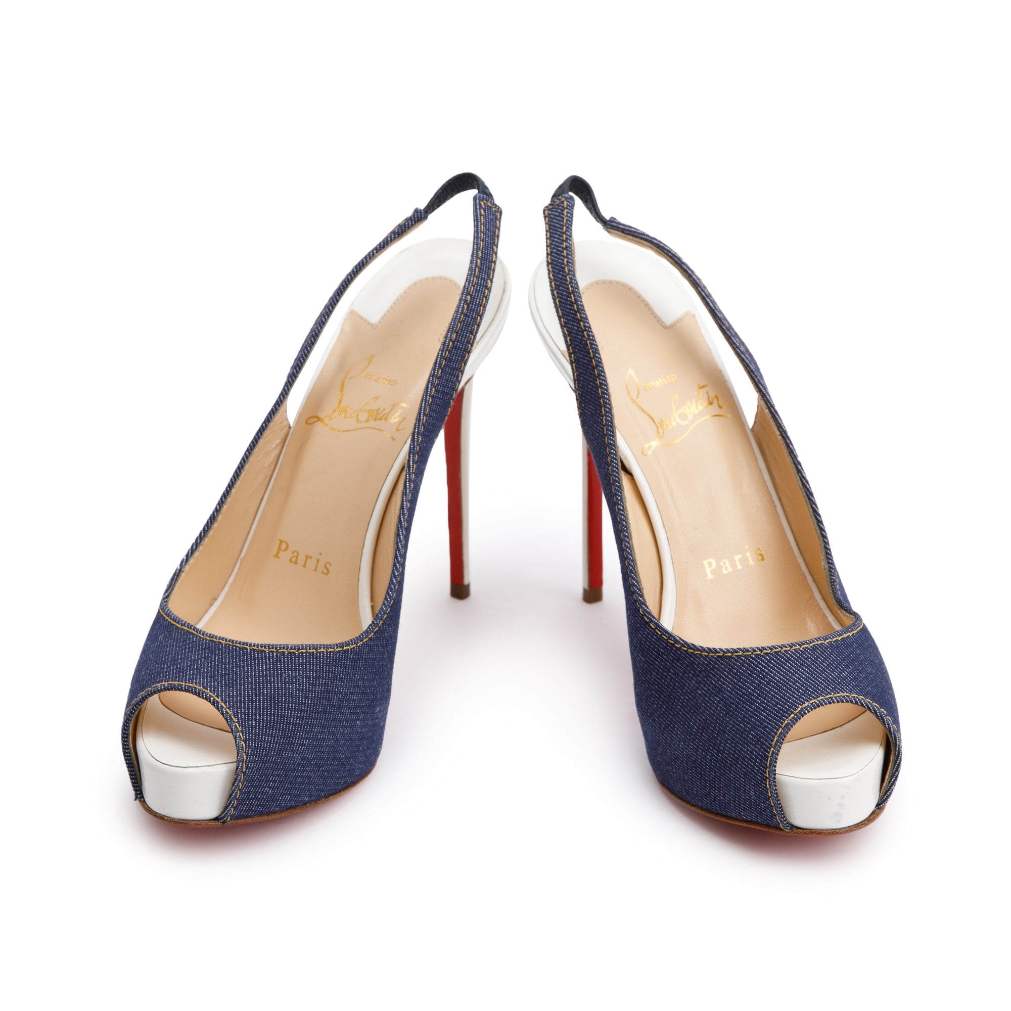 Christian Louboutin Denim Leather Slingback Sandals, Size 34