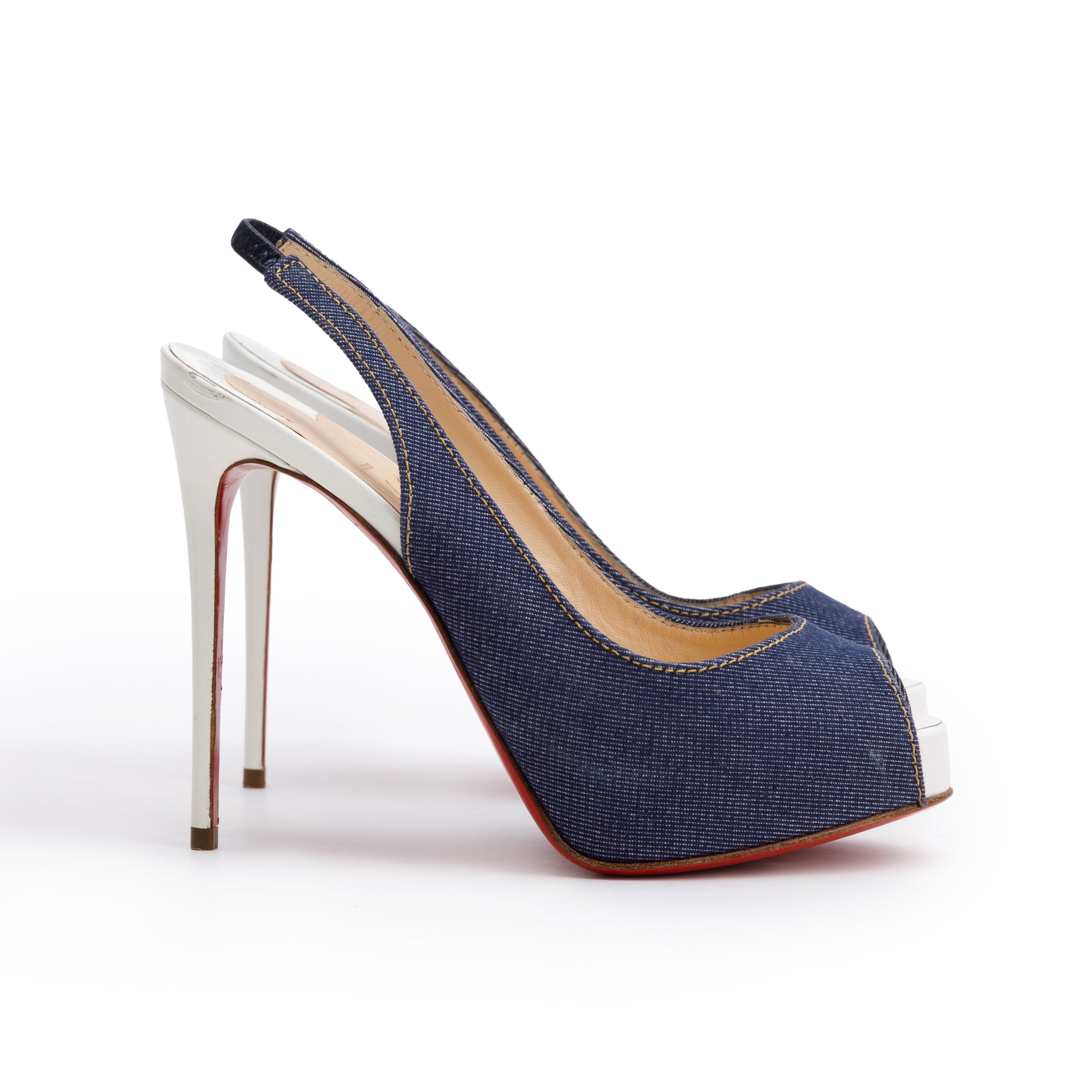 Christian Louboutin Denim Leather Slingback Sandals, Size 34