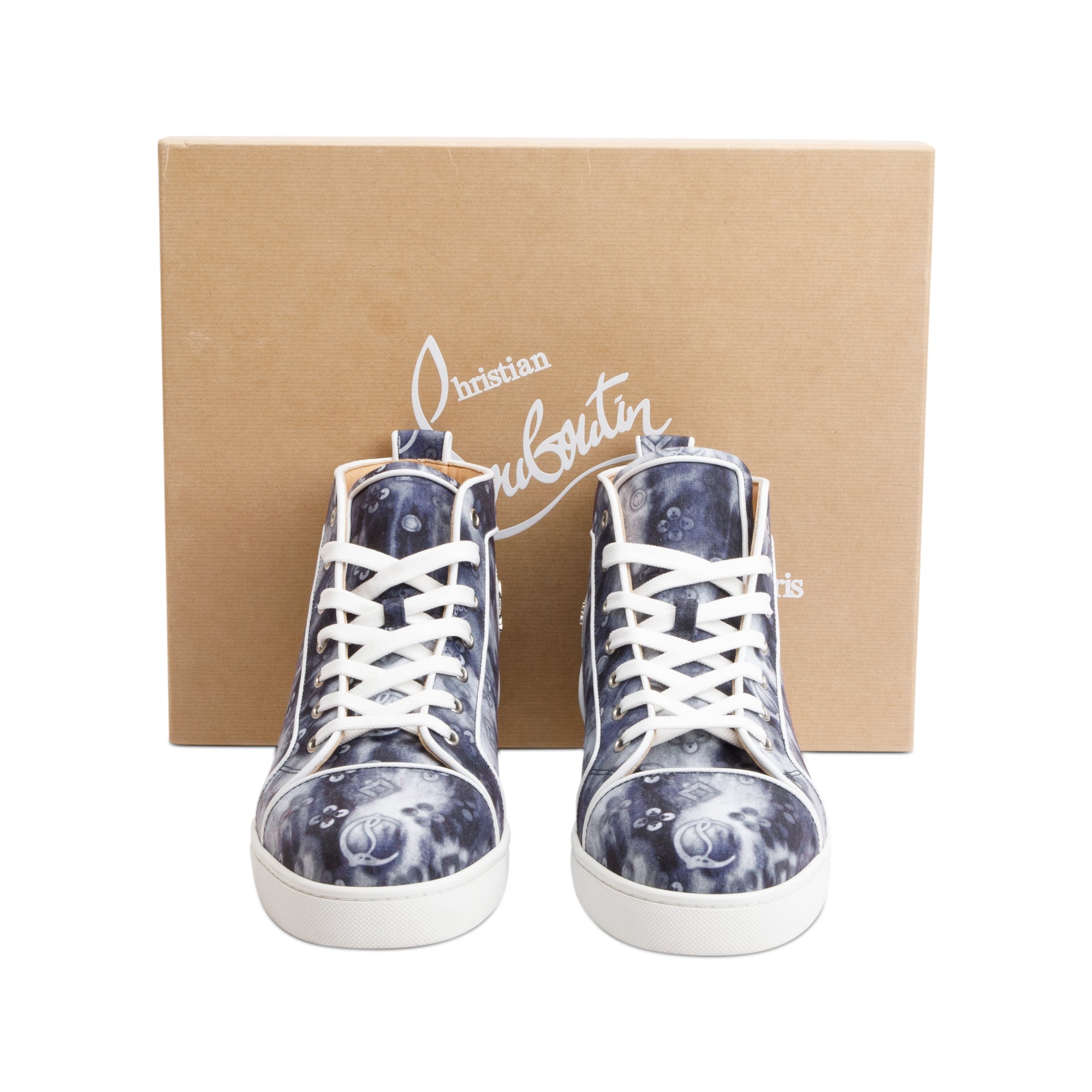Christian Louboutin Grey Printed Canvas Louis Melon Spikes Orlato High-Top Sneakers, Size 43.5 w/ Box