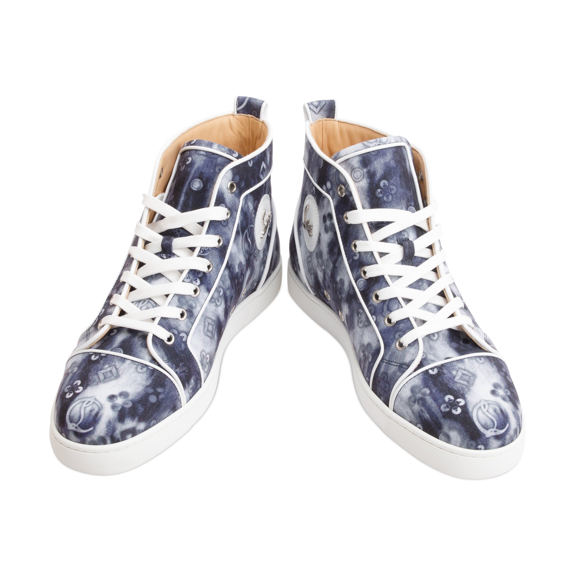 Christian Louboutin Grey Printed Canvas Louis Melon Spikes Orlato High-Top Sneakers, Size 43.5 w/ Box