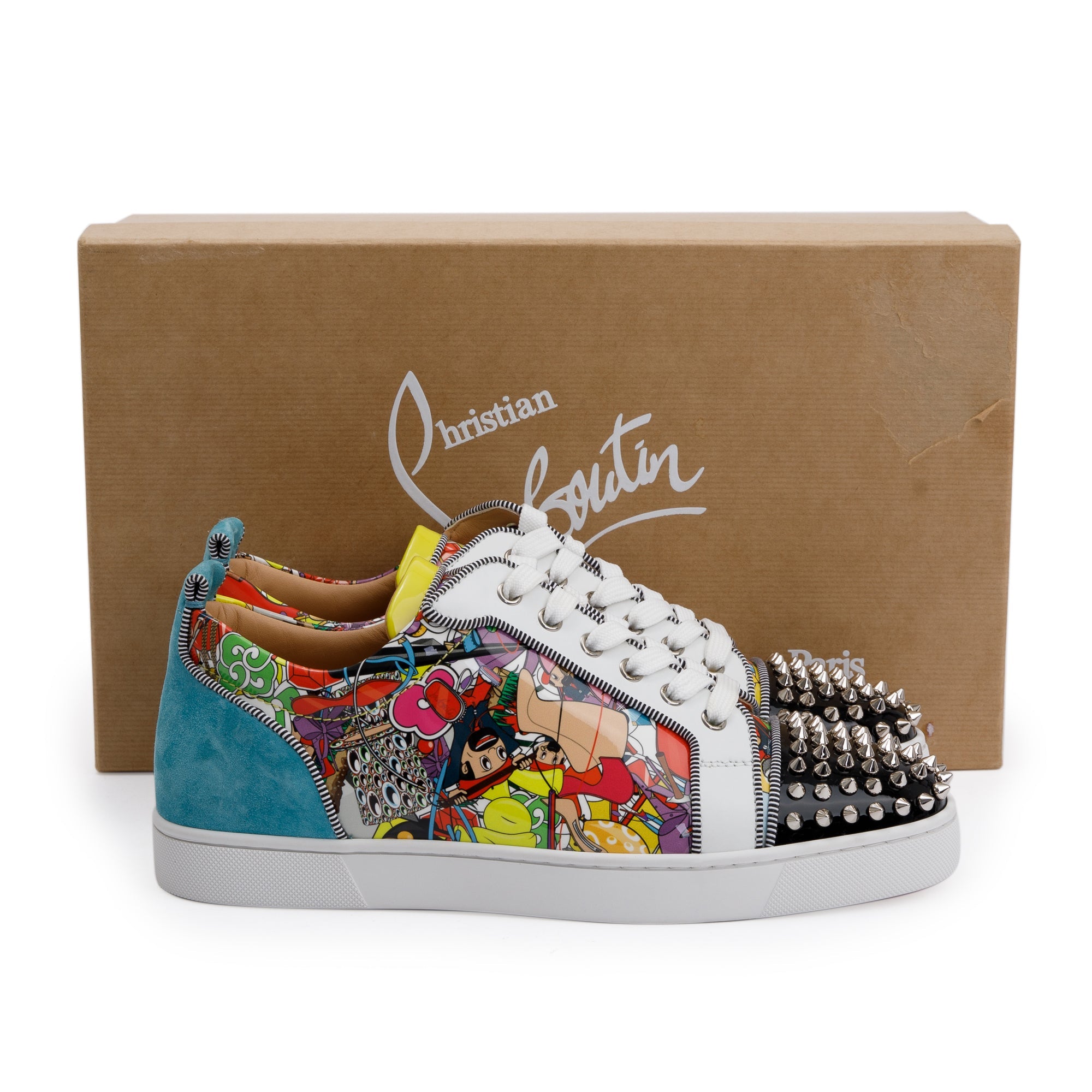 Christian Louboutin Multicolour Comic Print Patent Leather Louis Junior Spikes Orlato Low-Top Sneakers, Size 42 w/ Box