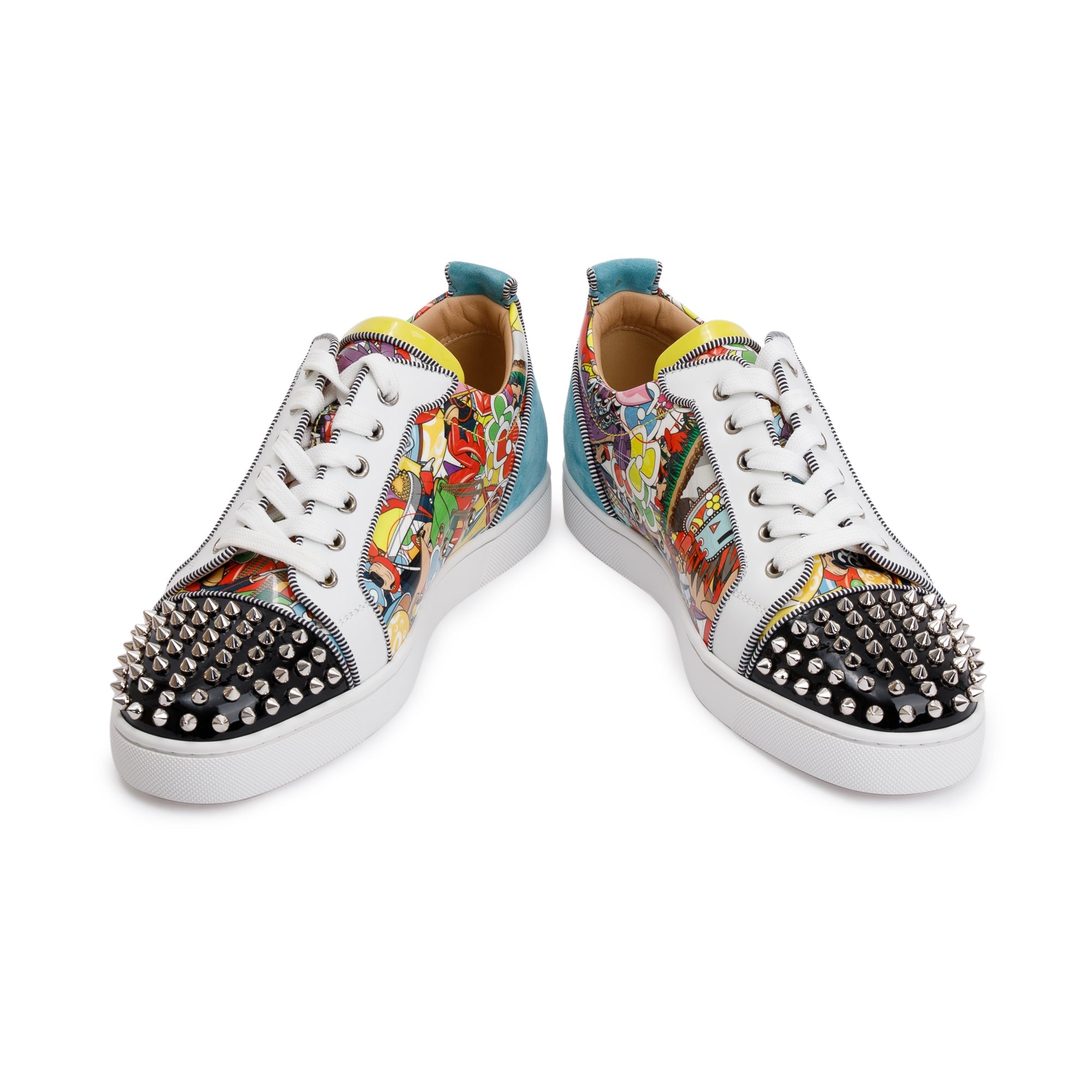 Christian Louboutin Multicolour Comic Print Patent Leather Louis Junior Spikes Orlato Low-Top Sneakers, Size 42 w/ Box