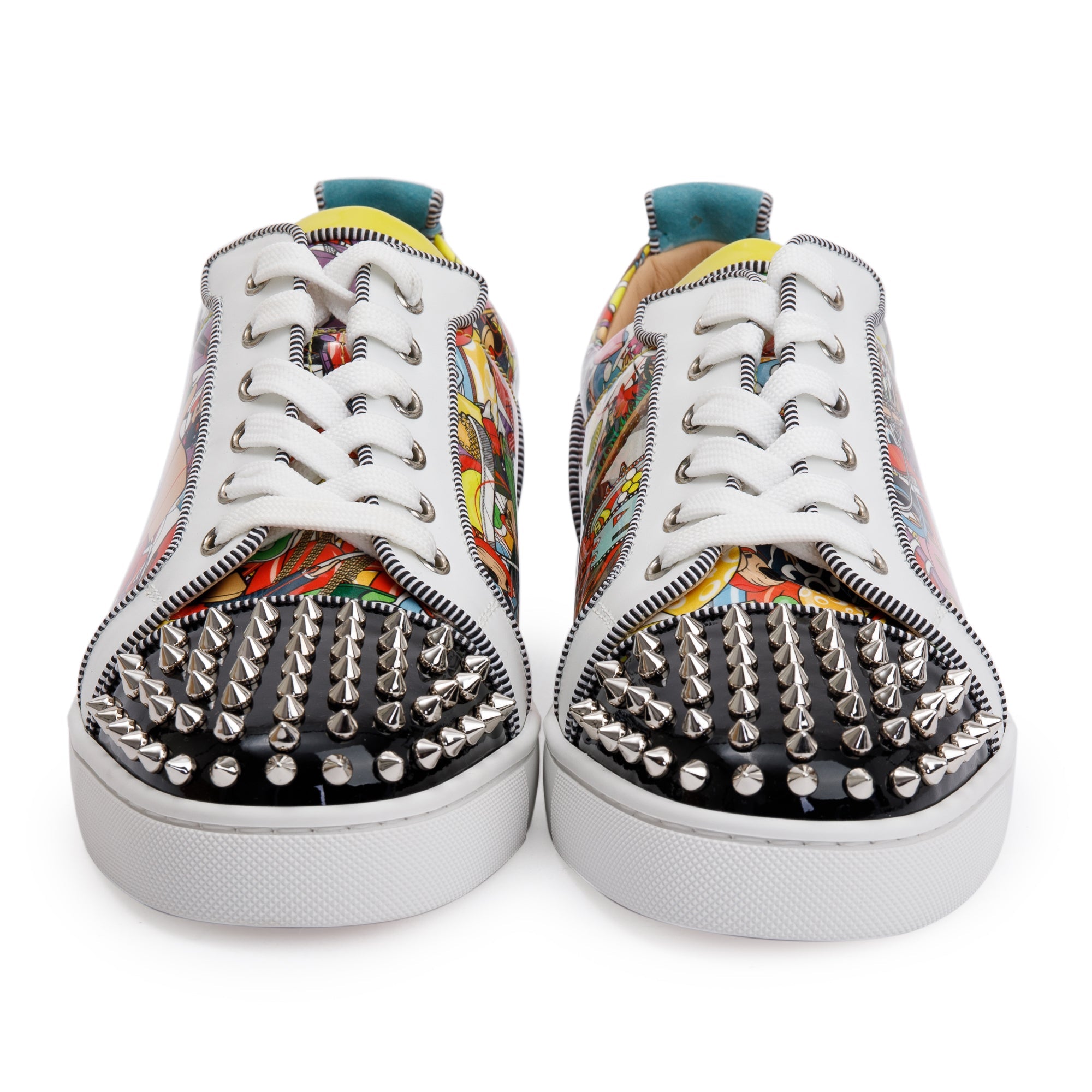 Christian Louboutin Multicolour Comic Print Patent Leather Louis Junior Spikes Orlato Low-Top Sneakers, Size 42 w/ Box