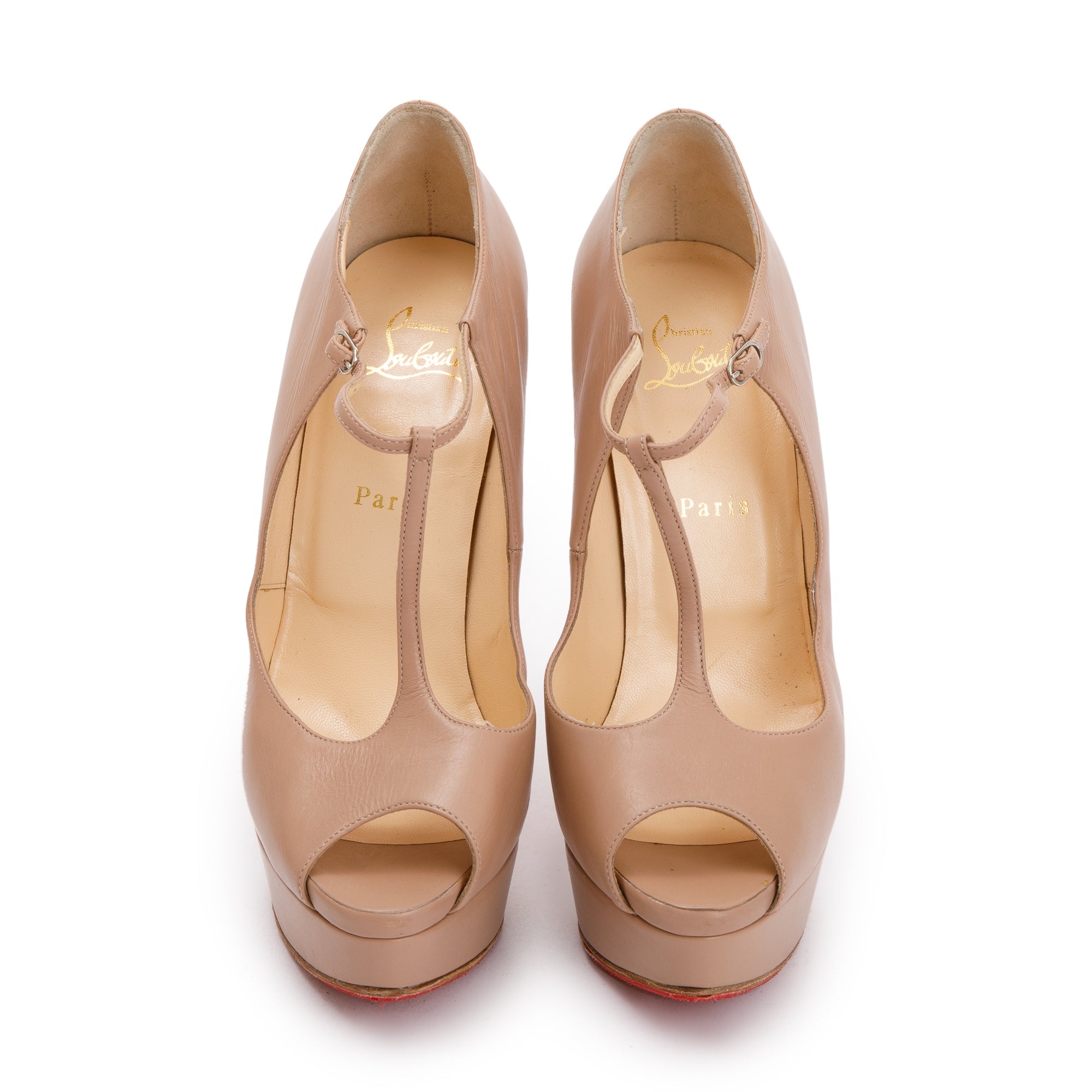 Christian Louboutin Nude Calf Leather Altapoppins 150 T-Strap Pumps, Size 40 w/ Box