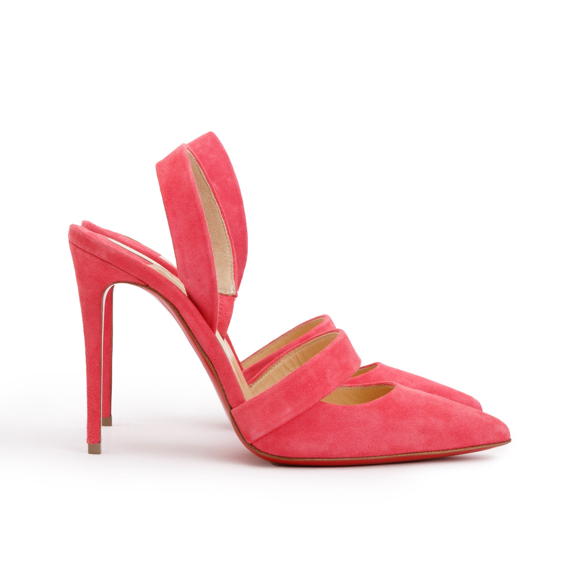 Christian Louboutin Pink Begonia Suede Actina 100 Sandals, Size 36 w/ Box