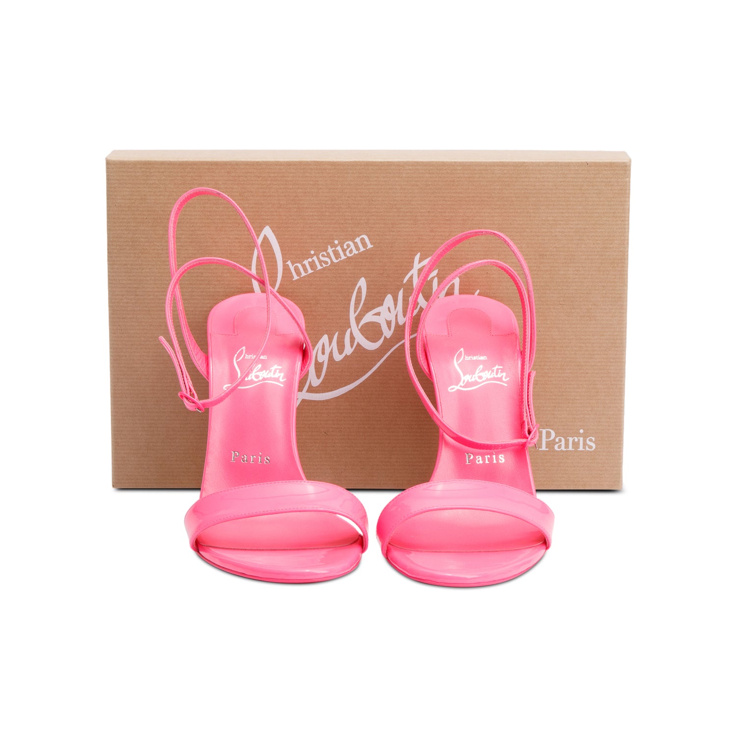 Christian Louboutin Pink Patent Leather Loubigirl 100 Sandals, Size 38 w/ Box