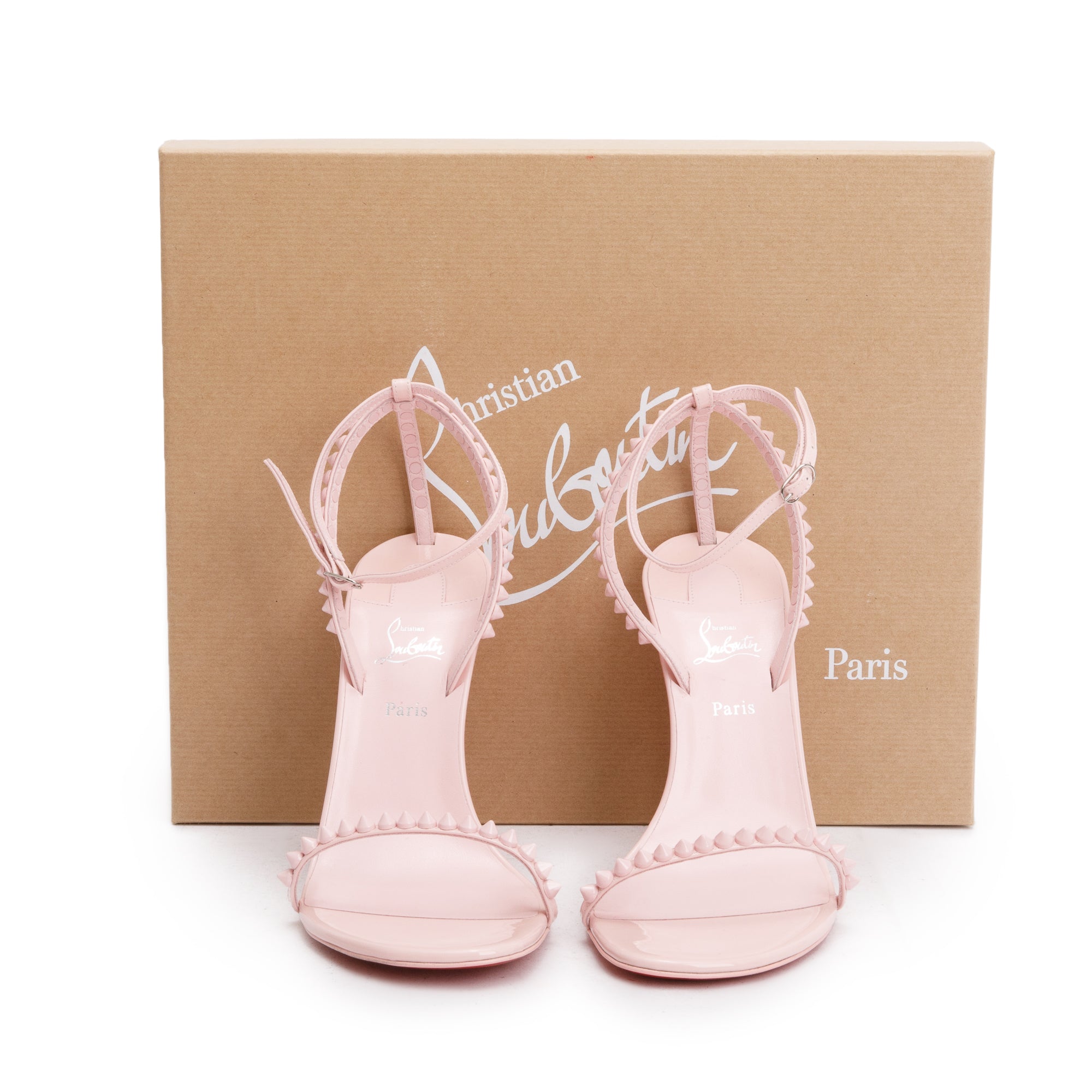 Christian Louboutin Pink Patent Leather Spike So Me 100 Sandals, Size 38.5 w/ Box