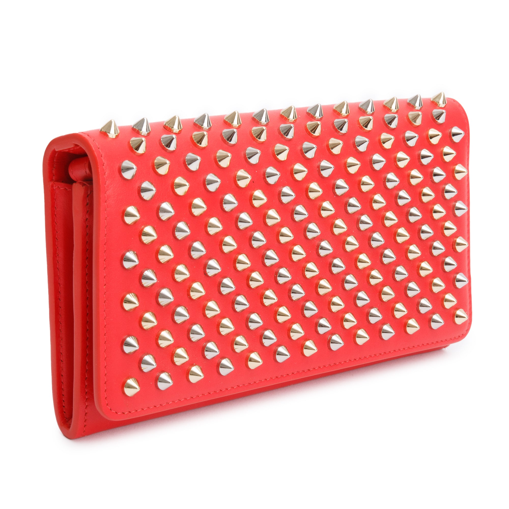 Christian Louboutin Red Leather Macaron Spike Flap Wristlet Wallet