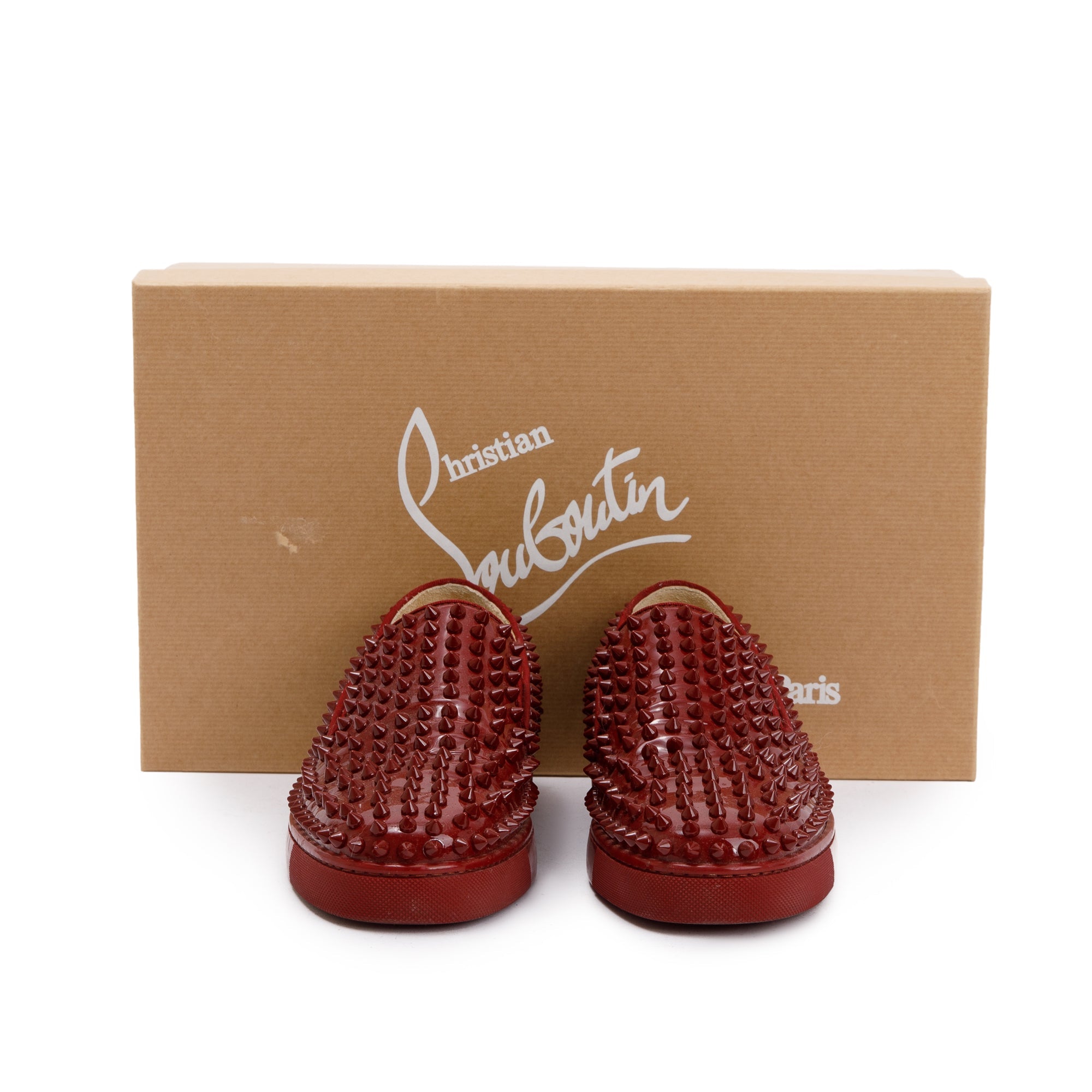 Christian Louboutin Red Patent Leather Spikes Roller-Boat Flat, Size 39 w/ Box