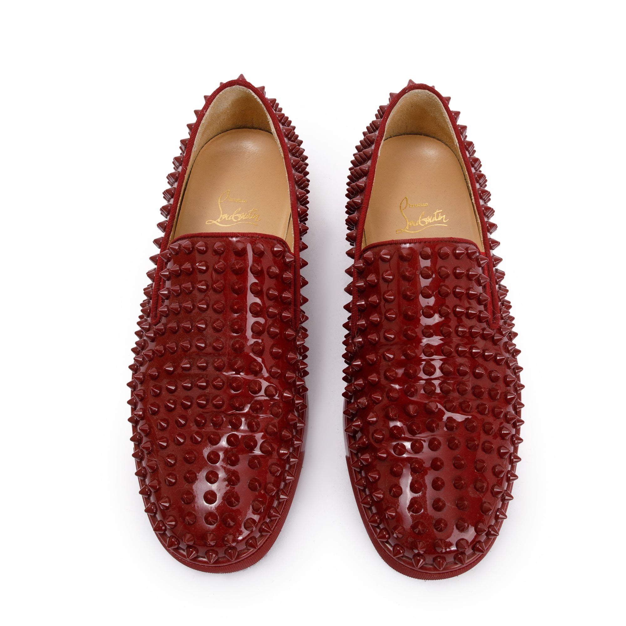 Christian Louboutin Red Patent Leather Spikes Roller-Boat Flat, Size 39 w/ Box