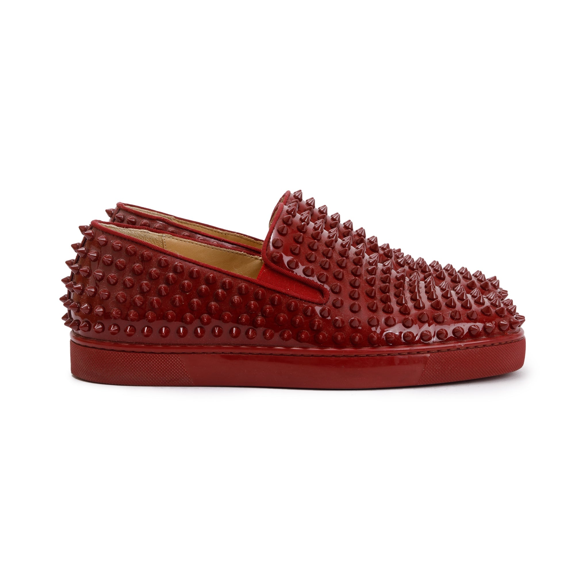 Christian Louboutin Red Patent Leather Spikes Roller-Boat Flat, Size 39 w/ Box