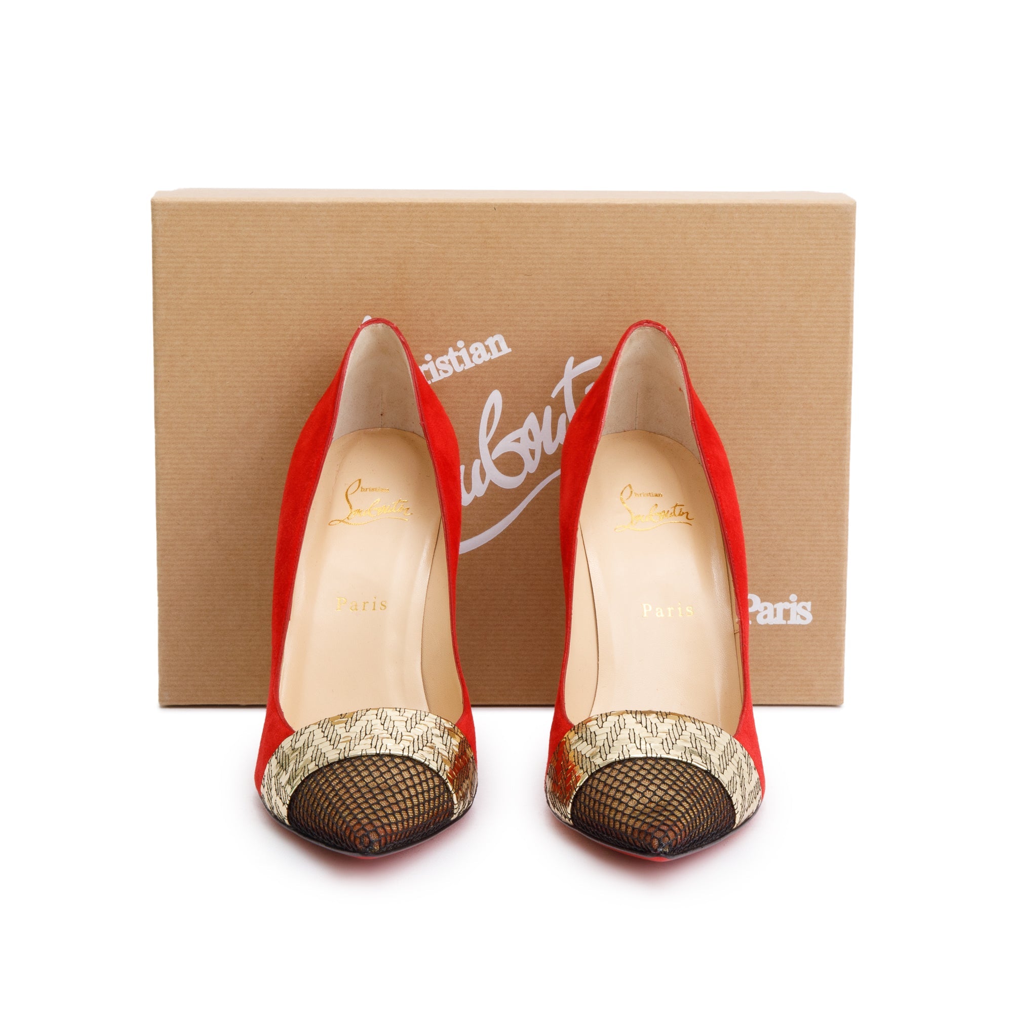 Christian Louboutin Red Suede Black Fishnet Gladiator 100 Pumps, Size 40 w/ Box