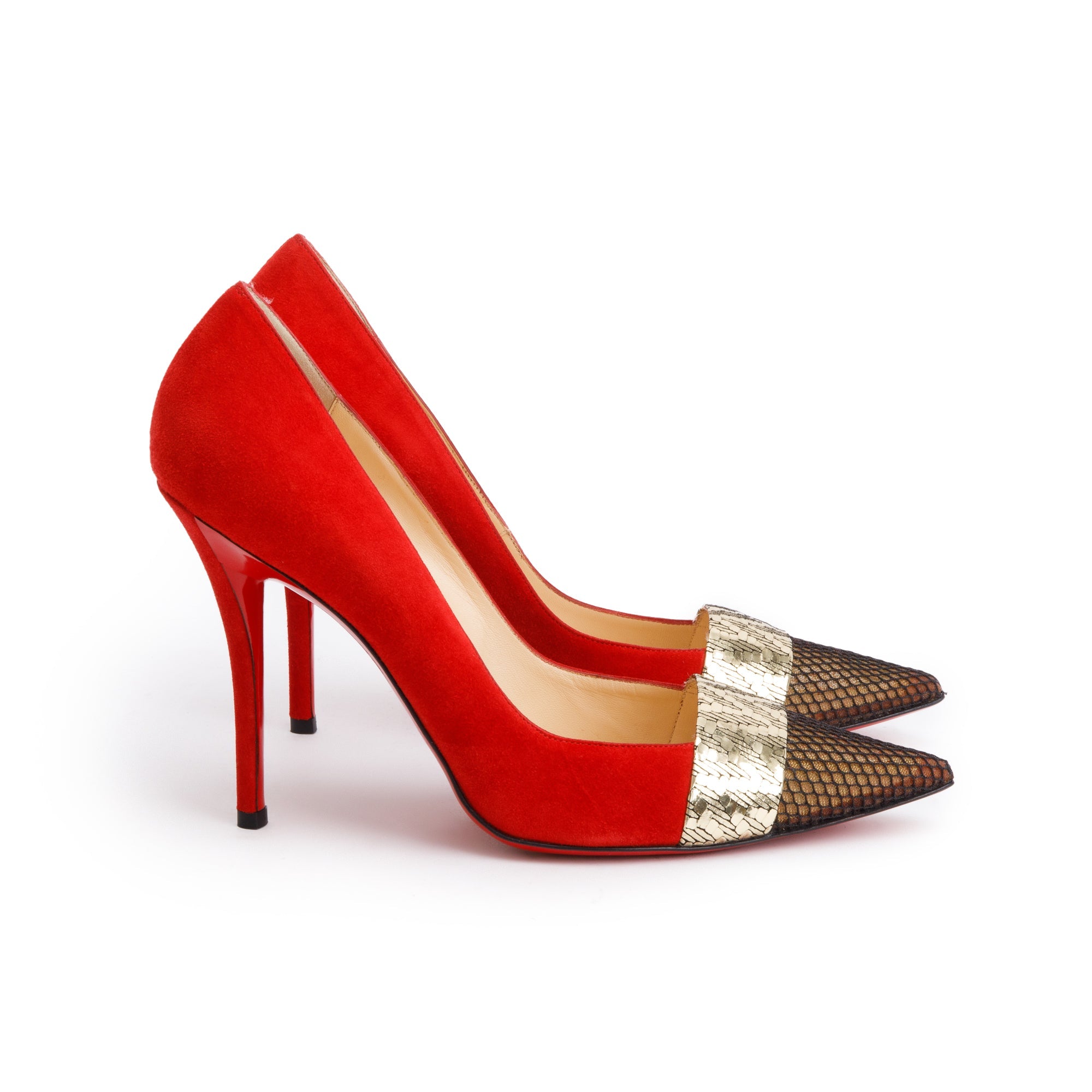 Christian Louboutin Red Suede Black Fishnet Gladiator 100 Pumps, Size 40 w/ Box