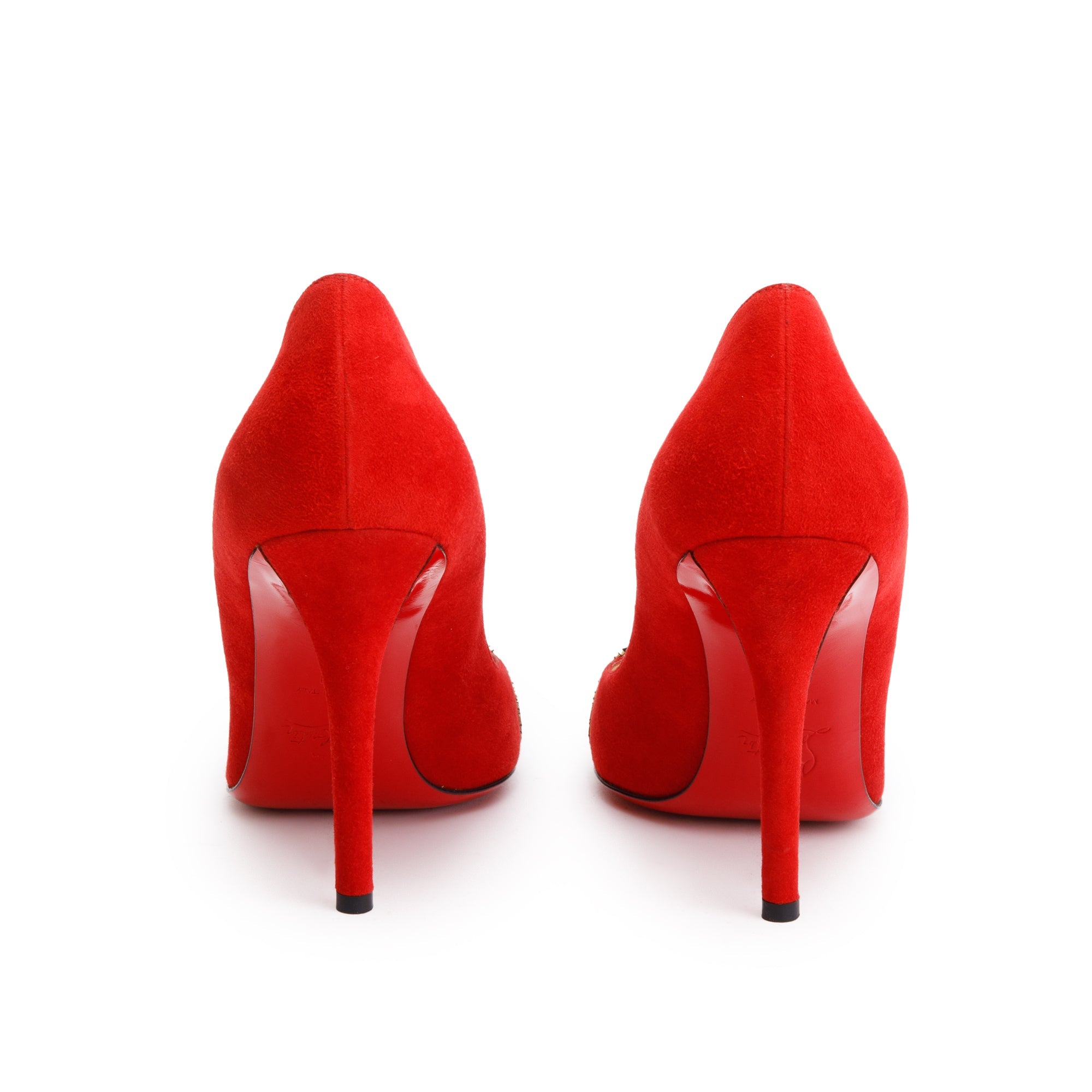 Christian Louboutin Red Suede Black Fishnet Gladiator 100 Pumps, Size 40 w/ Box