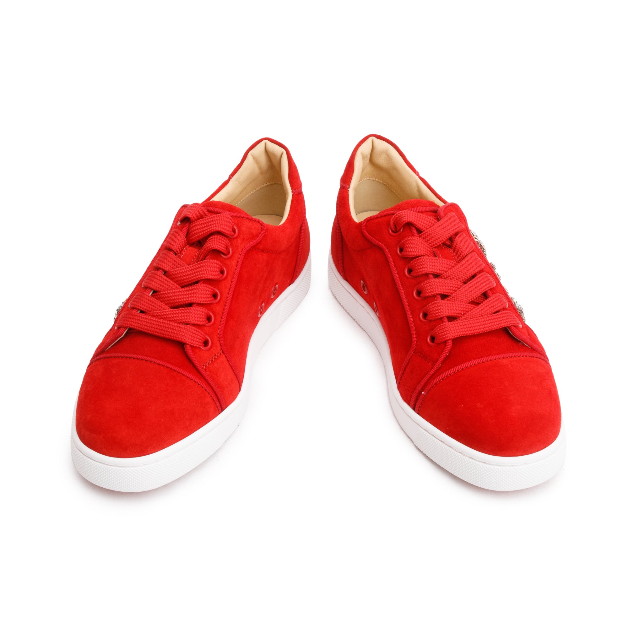 Christian Louboutin Red Suede Crystal Embellished Orlato Reward Low-Top Sneakers, Size 35 w/ Box