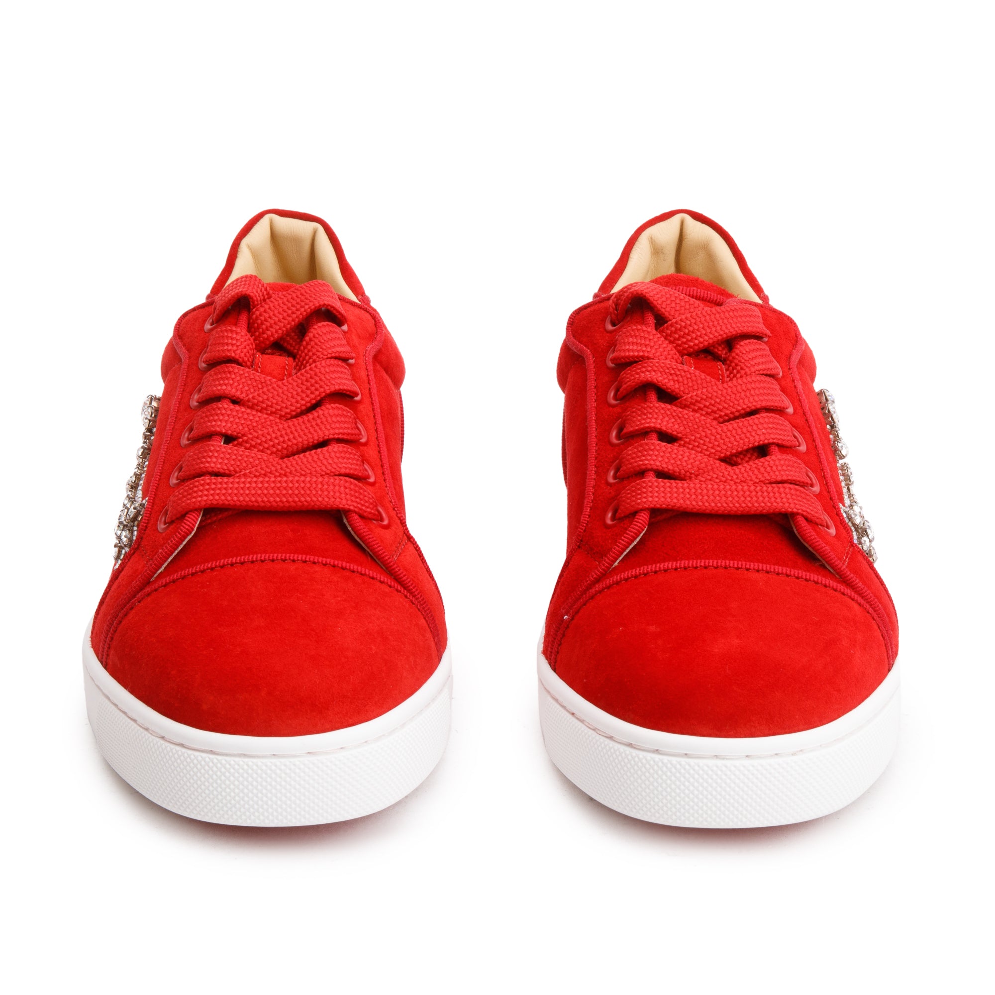 Christian Louboutin Red Suede Crystal Embellished Orlato Reward Low-Top Sneakers, Size 35 w/ Box