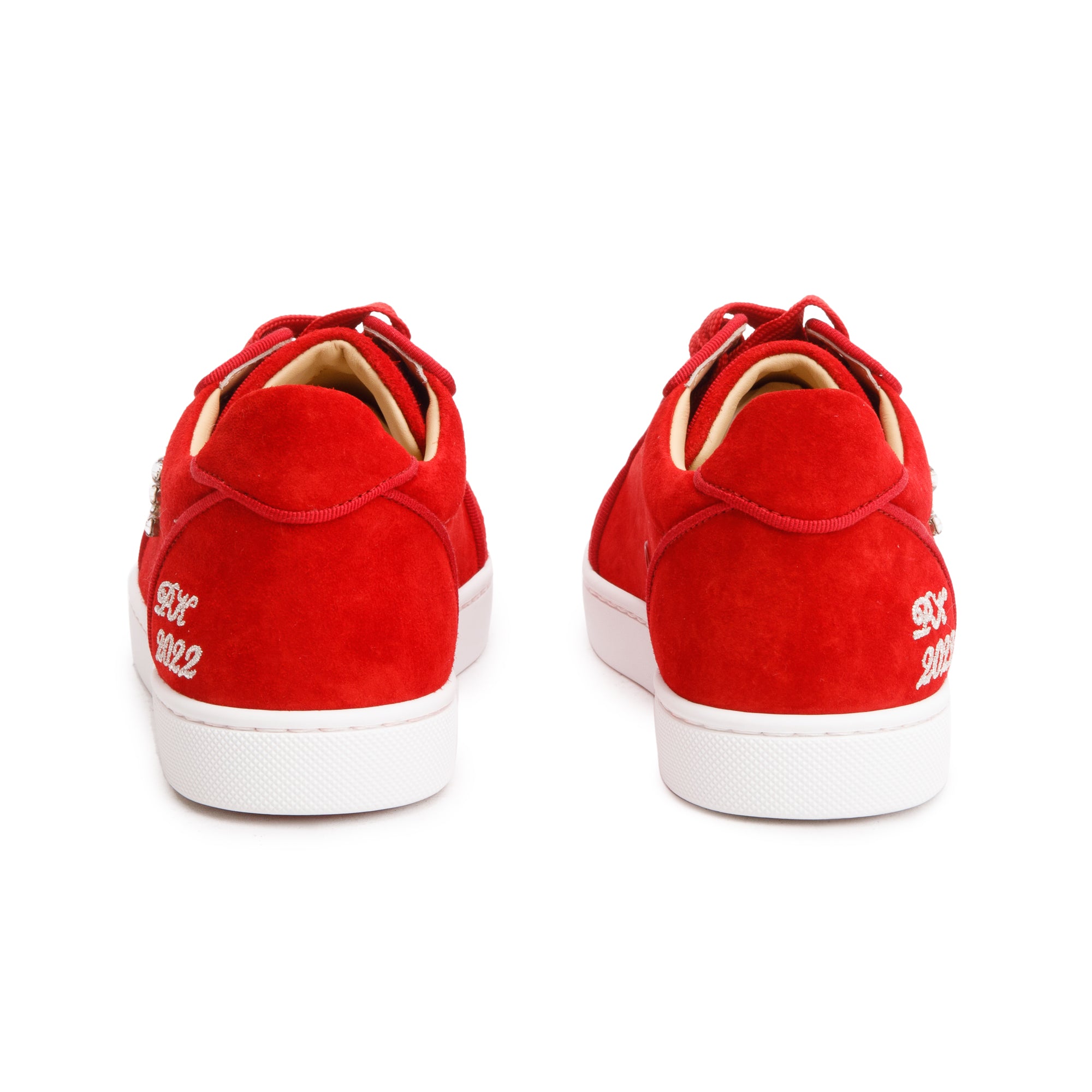 Christian Louboutin Red Suede Crystal Embellished Orlato Reward Low-Top Sneakers, Size 35 w/ Box