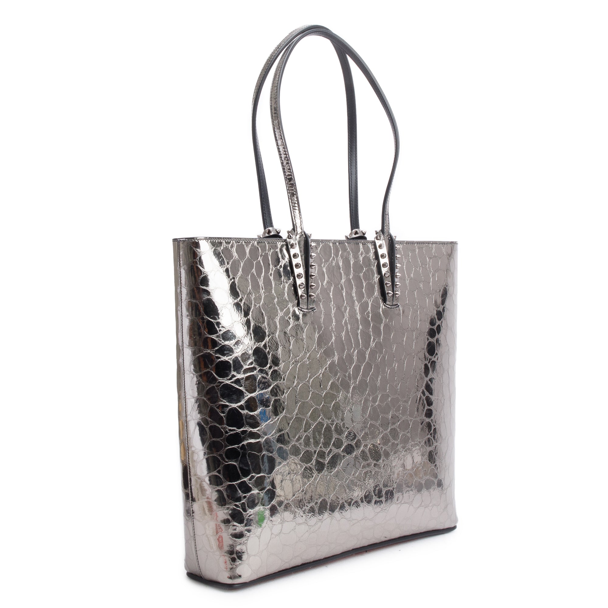Christian Louboutin Silver Metallic Croc Embossed Patent Leather Spike Cabata Tote Bag