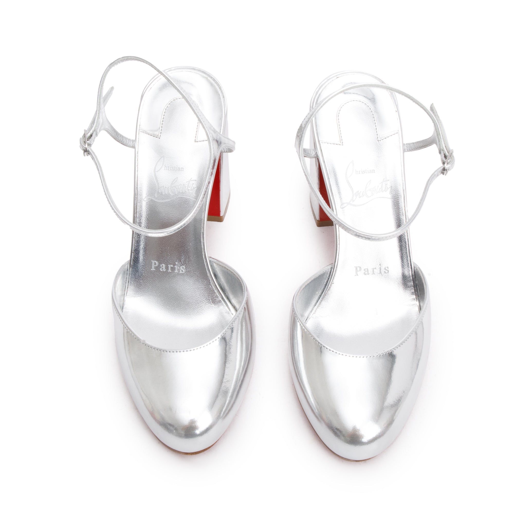 Christian Louboutin Silver Patent Leather Jane 85 Pumps, Size 36