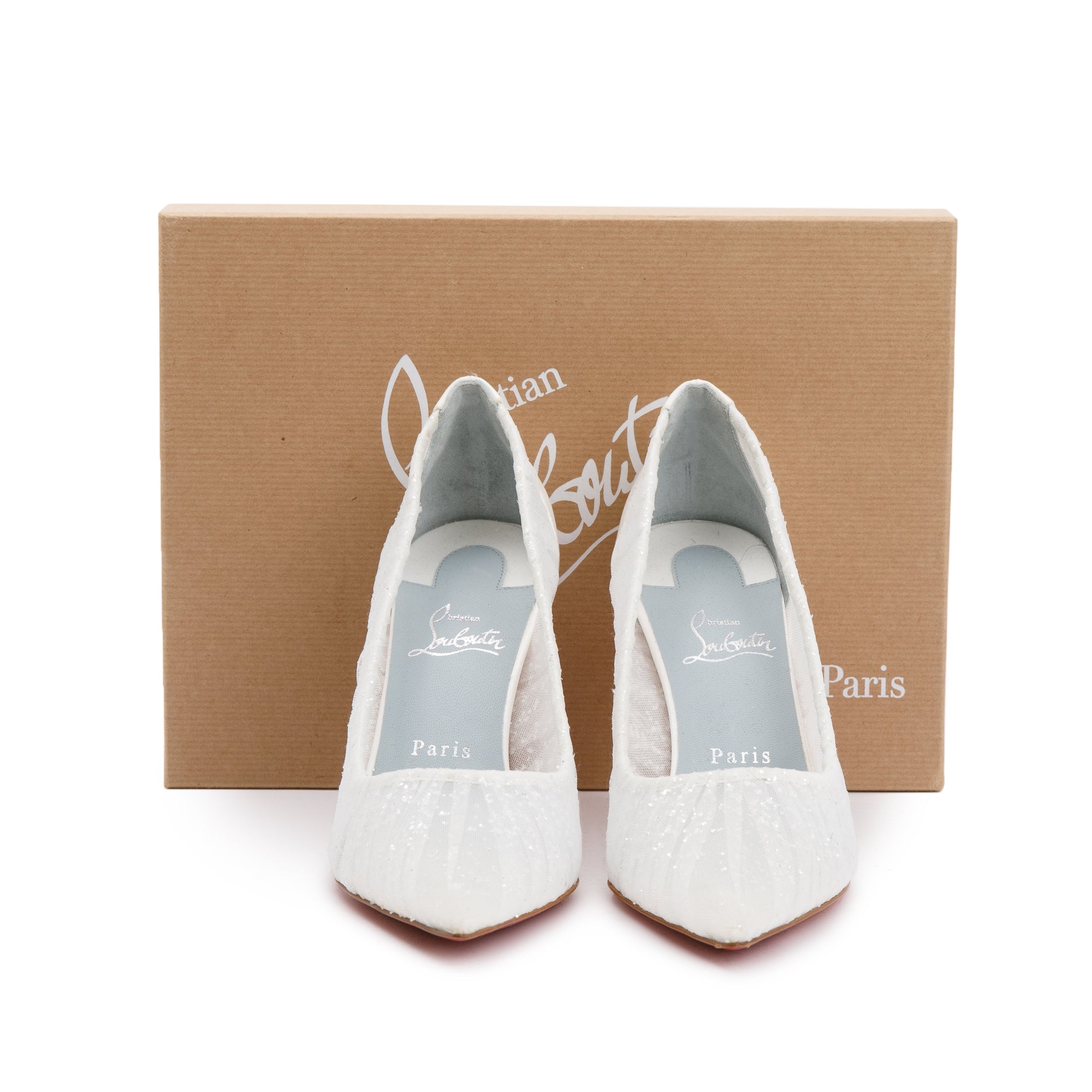 Christian Louboutin White Satin Lace Glitter Kate Draperia Pumps, Size 40 w/ Box