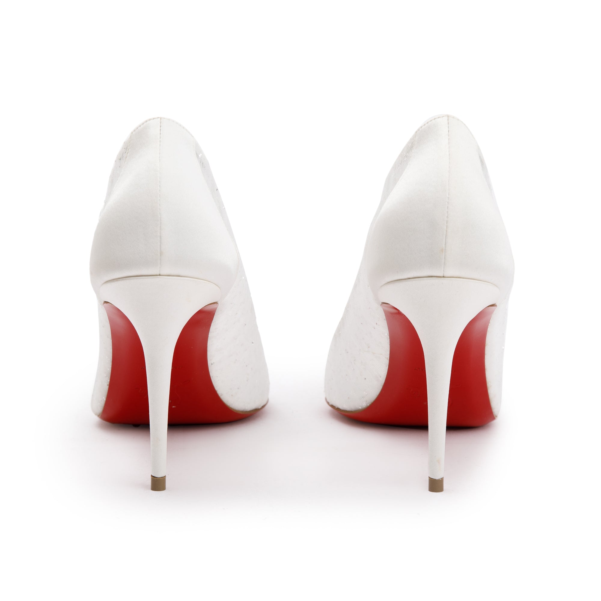 Christian Louboutin White Satin Lace Glitter Kate Draperia Pumps, Size 40 w/ Box