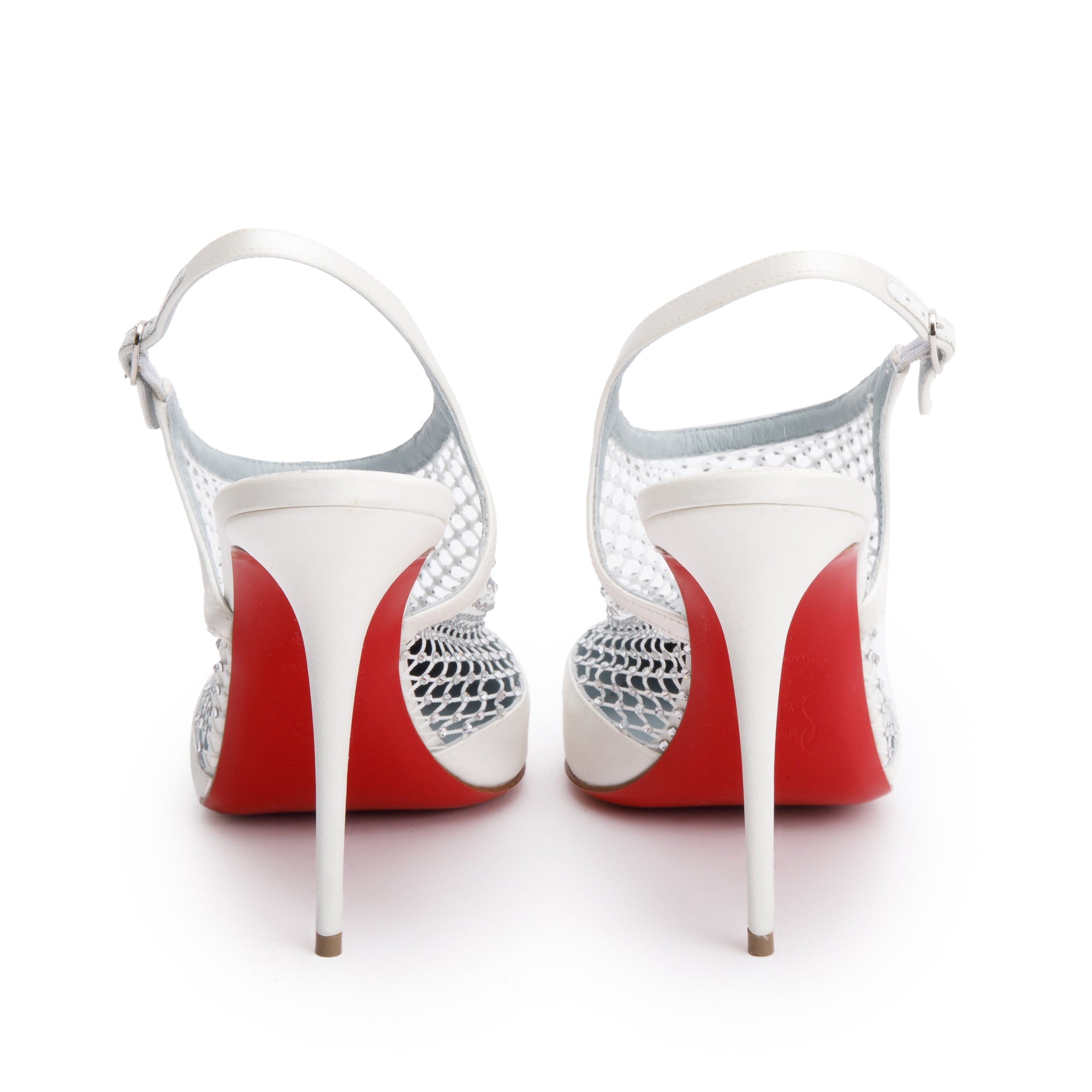 Christian Louboutin White Satin Mesh Strass Plougesta Slingback Pumps, Size 39.5