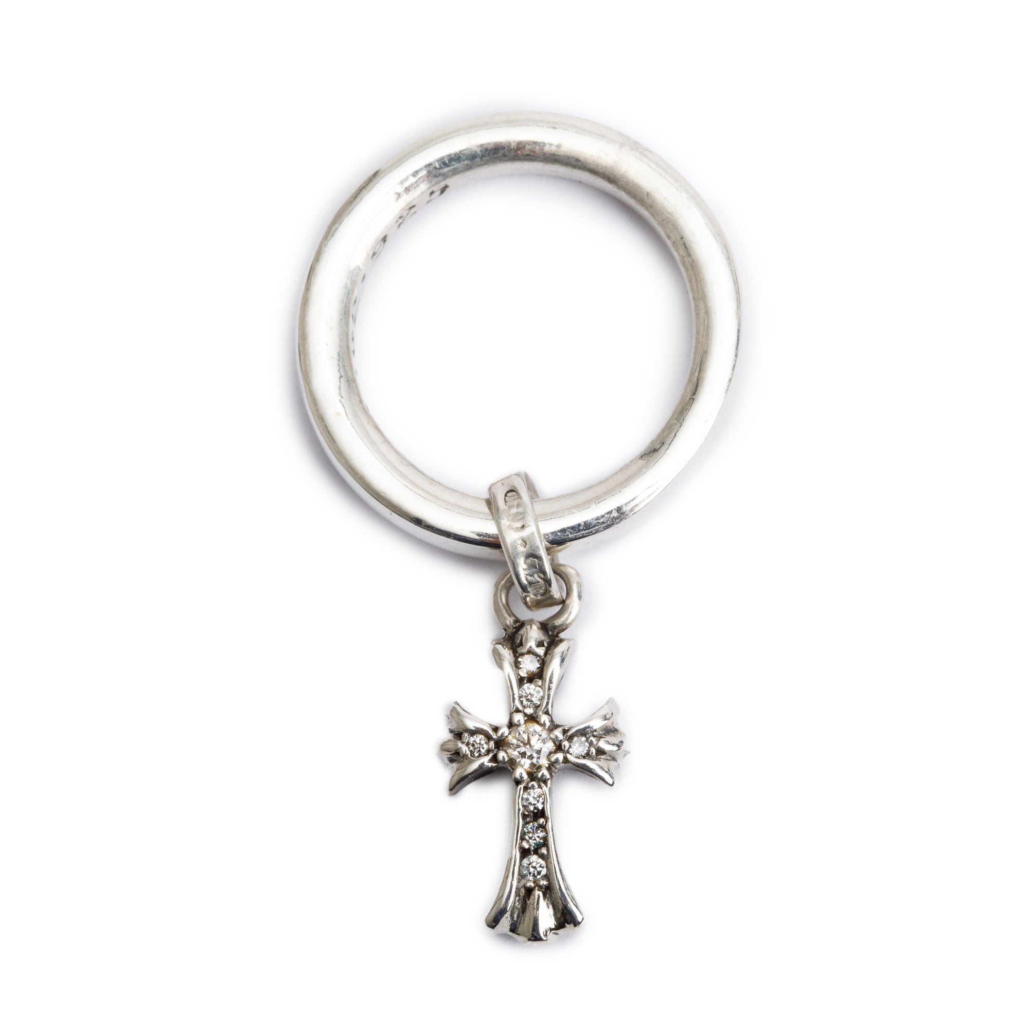 Chrome Hearts Vintage Sterling Silver Diamond Cross Charm Ring, Size 5.5