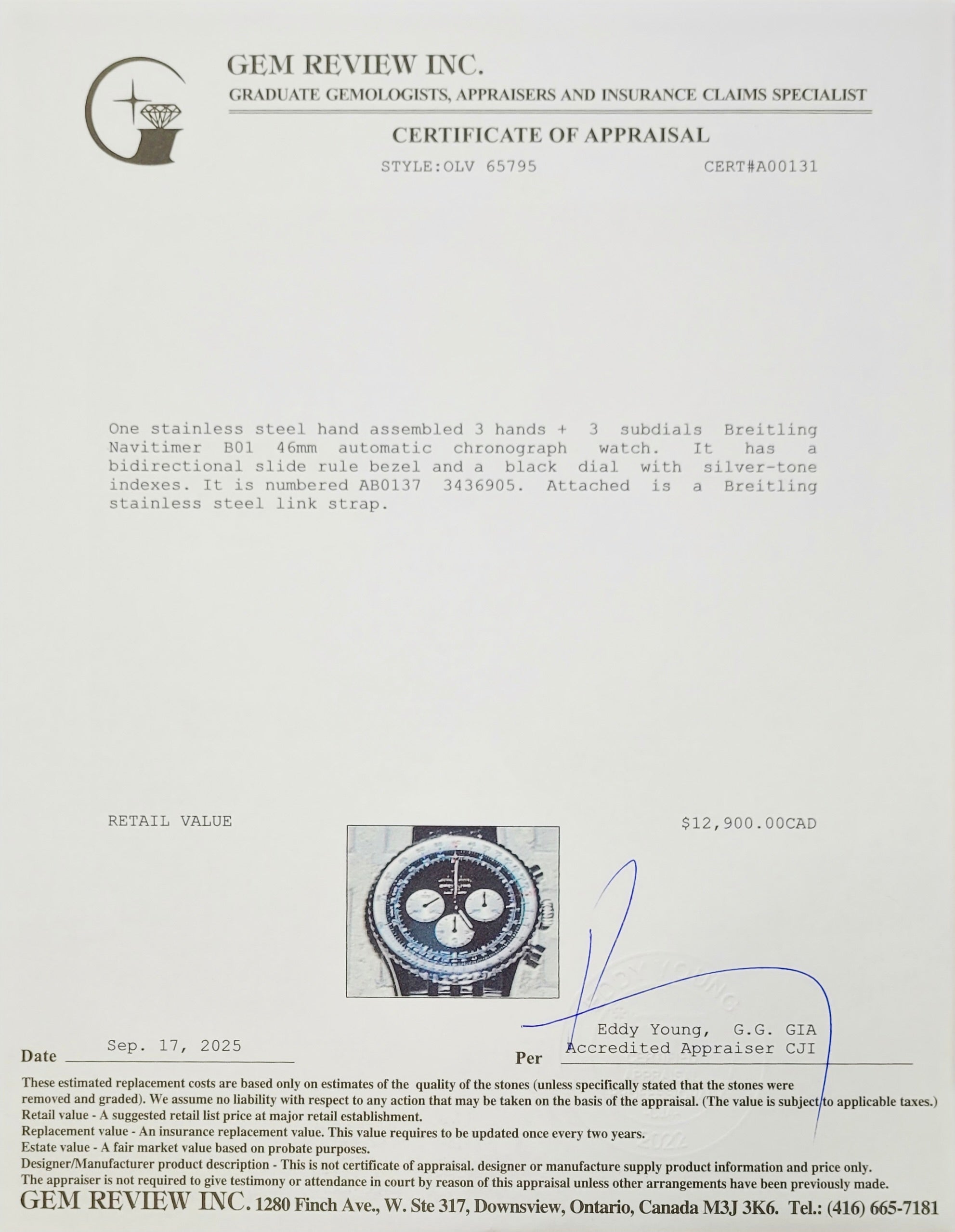 Breitling Stainless Steel Navitimer B01 46 MM Automatic Chronograph Watch Black Dial AB0137 w/ Box, Papers & Extra Strap