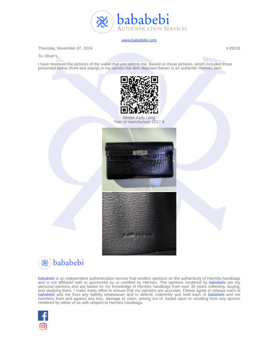 Hermes Noir Shiny Alligator Classic Kelly Longue Wallet w/ Box