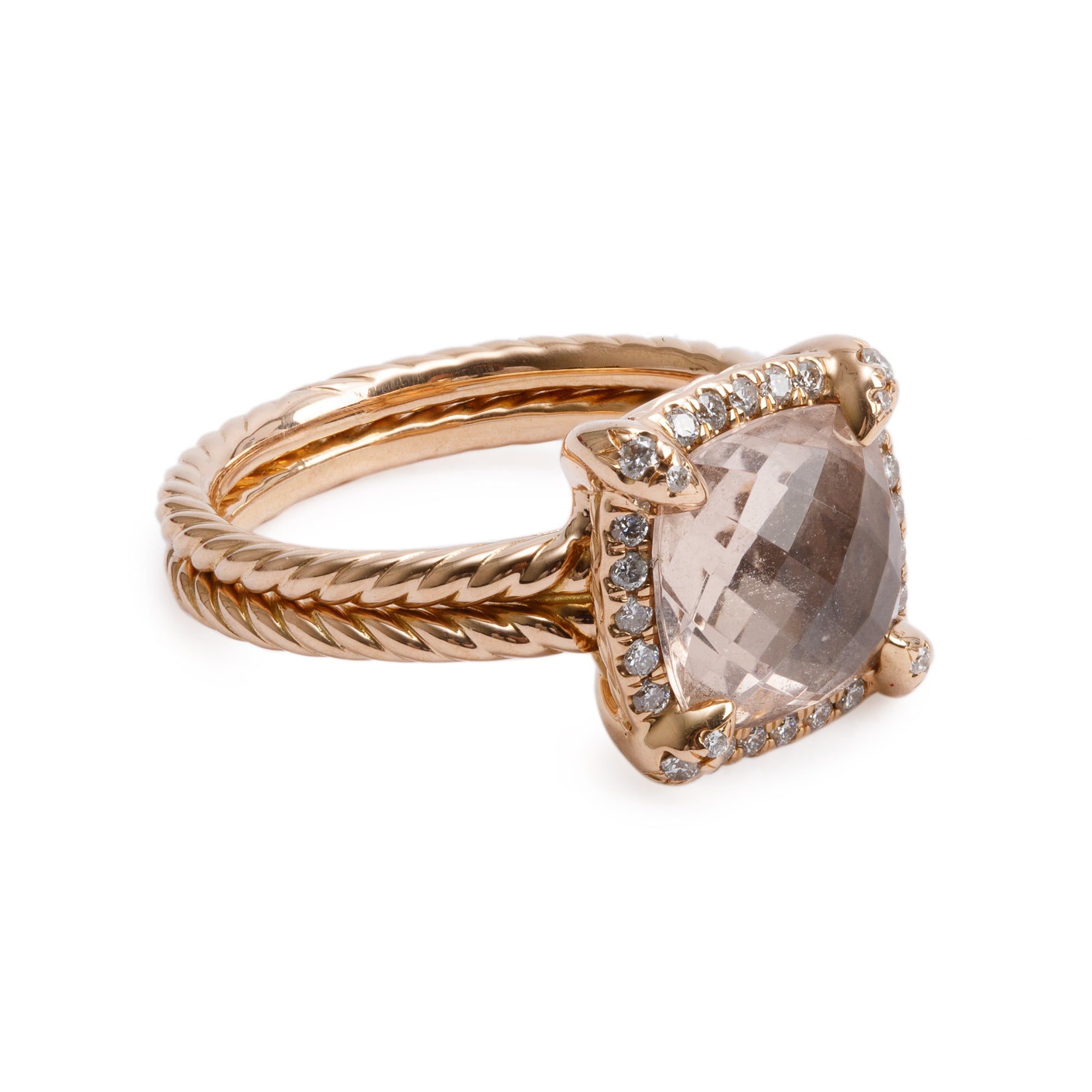 David Yurman 18k Rose Gold 9 MM Morganite & Diamond Chatelaine Ring, Size 6 w/ Box & Receipt