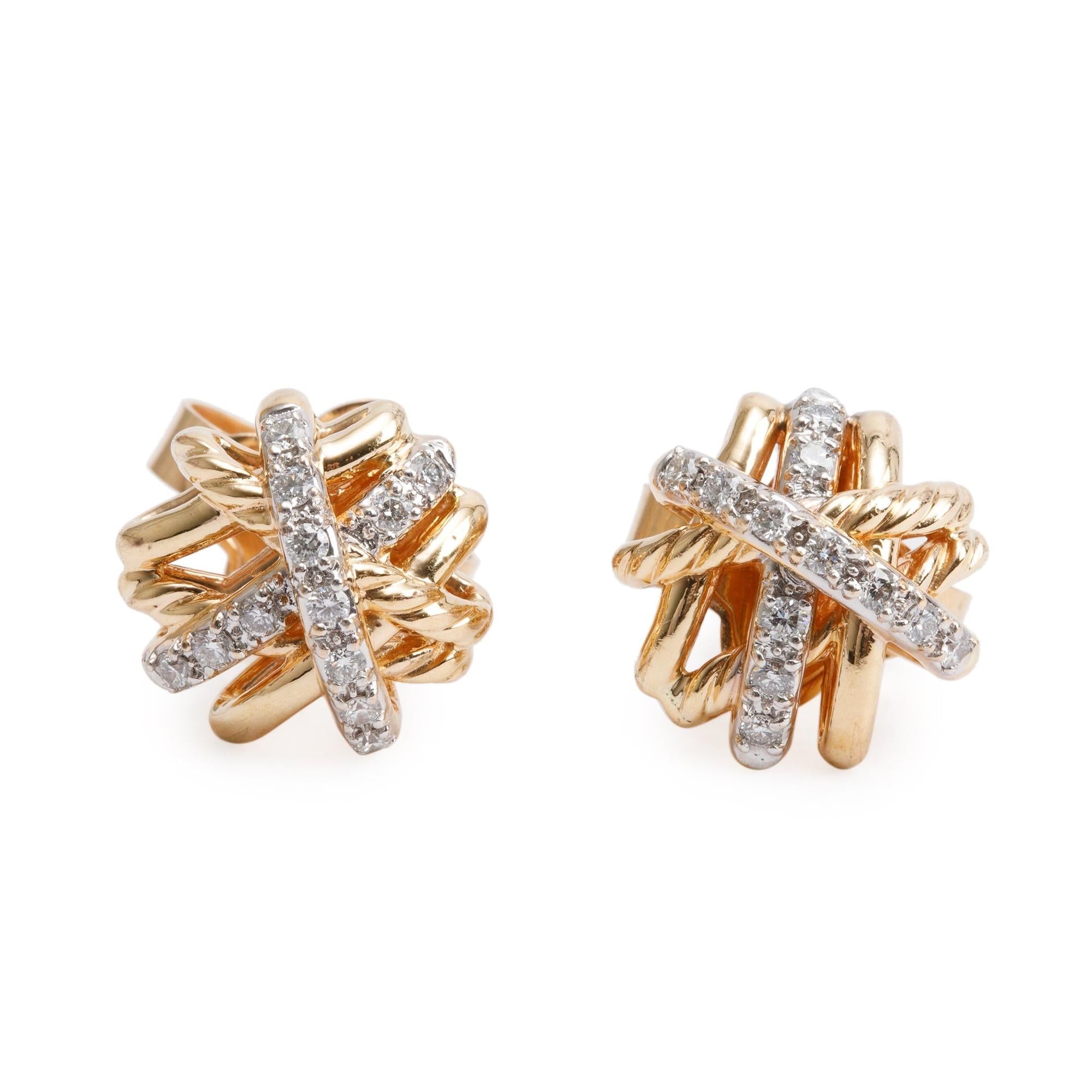 David Yurman 18k Yellow Gold Diamond 11 MM Crossover Stud Earrings