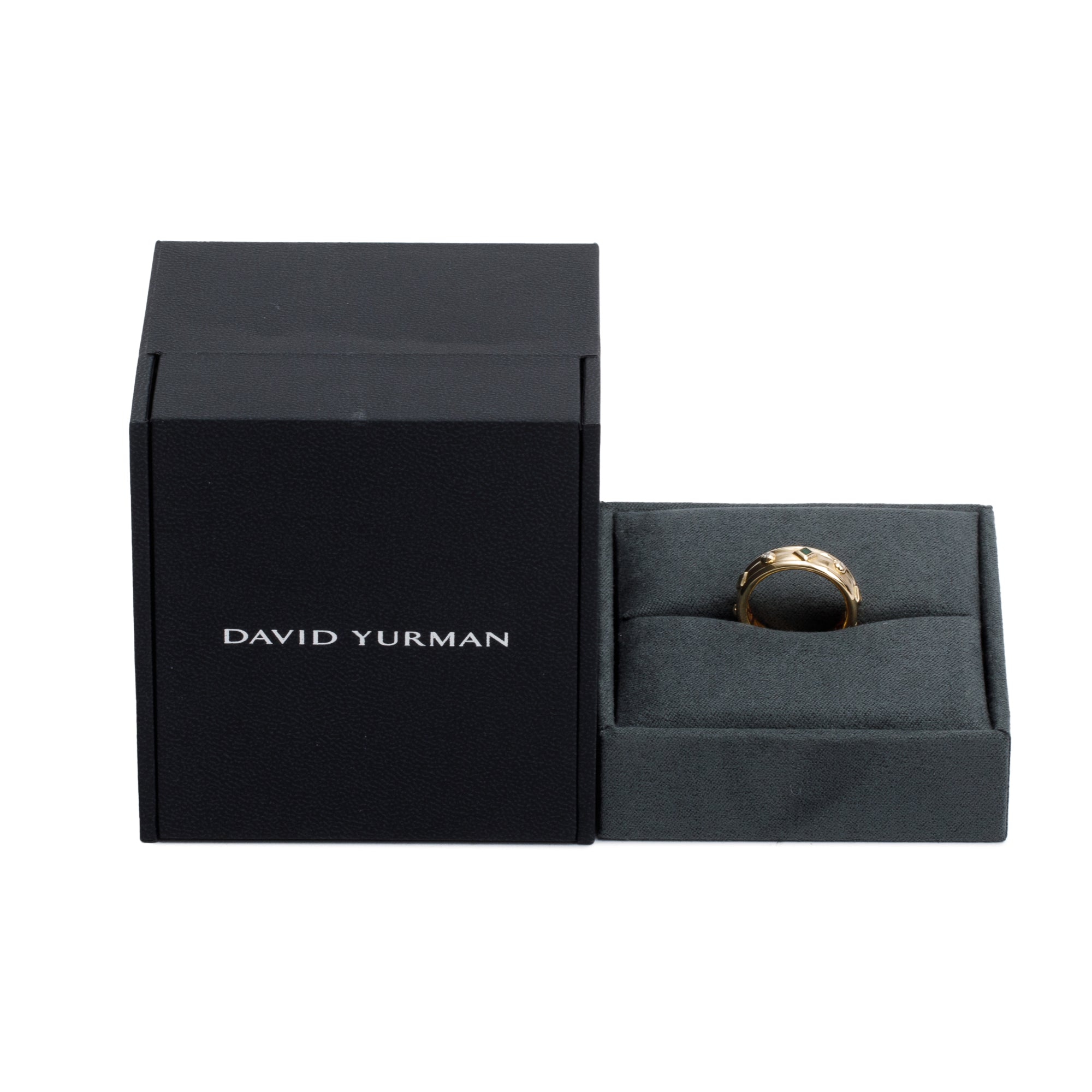 David Yurman 18k Yellow Gold Diamond & Emerald Modern Renaissance 6.6 MM Band Ring, Size 7.25 w/ Box