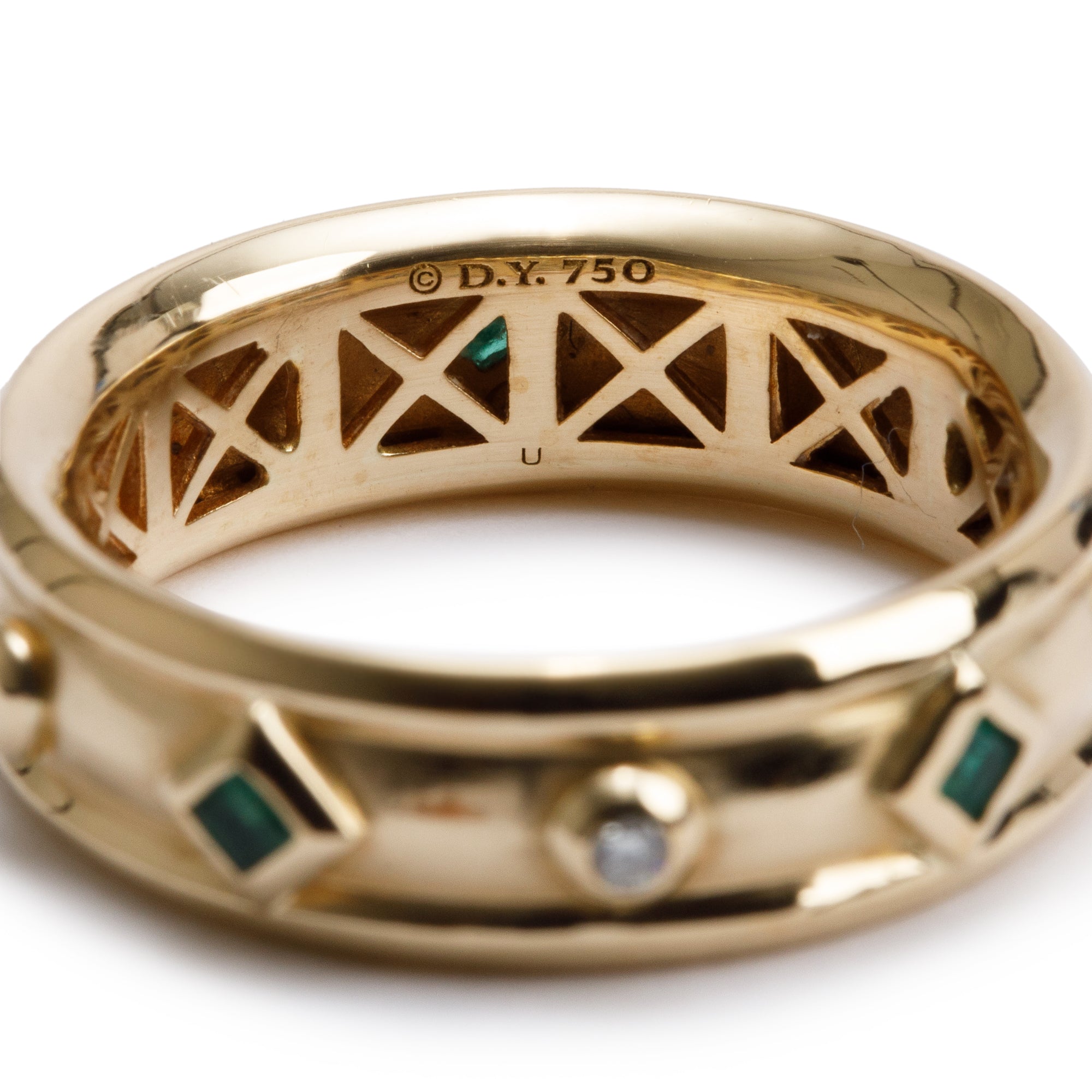 David Yurman 18k Yellow Gold Diamond & Emerald Modern Renaissance 6.6 MM Band Ring, Size 7.25 w/ Box