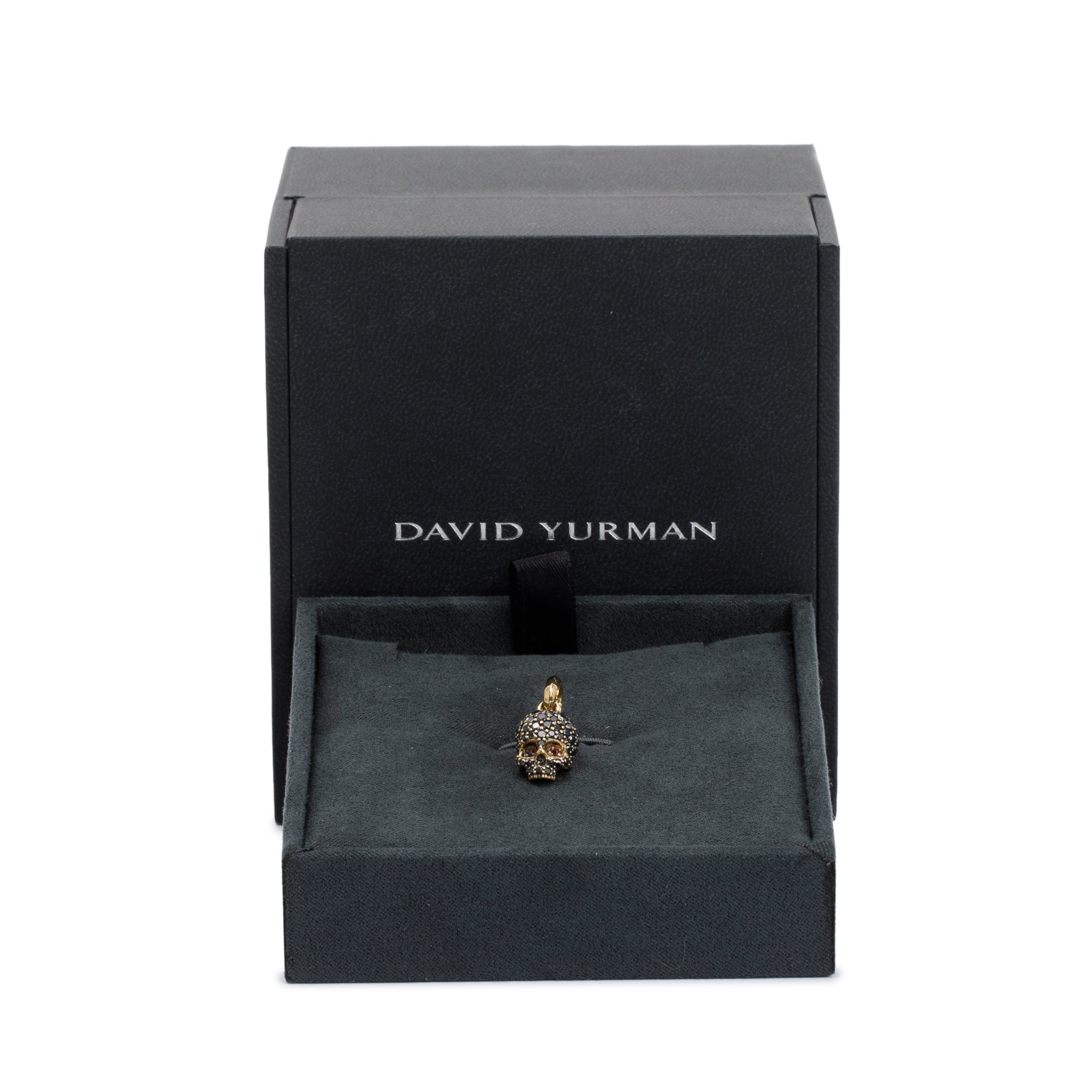 David Yurman 18k Yellow Gold Pave Black Diamond & Ruby Memento Mori Skull Amulet w/ Box