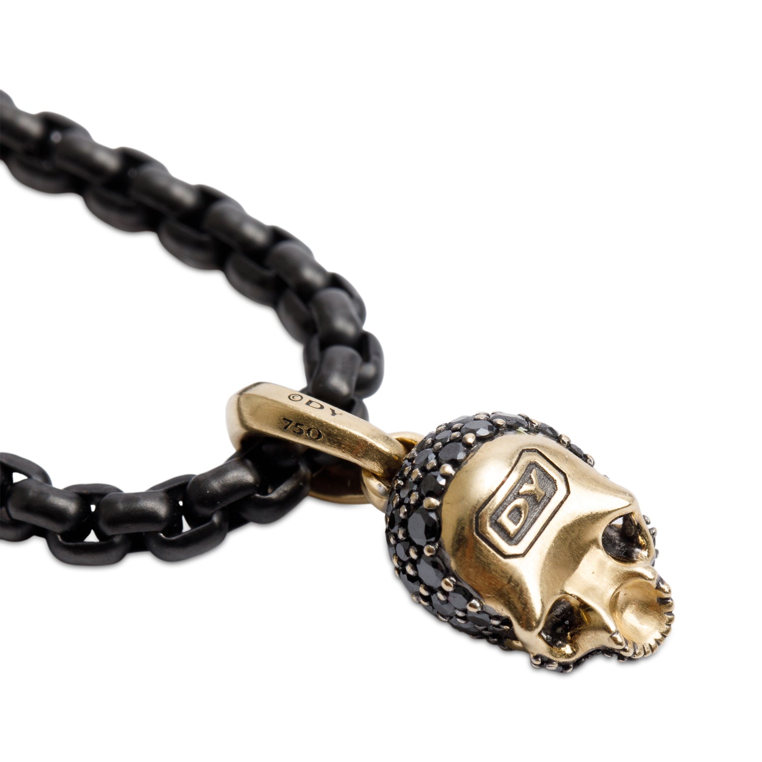 David Yurman 18k Yellow Gold Pave Black Diamond & Ruby Memento Mori Skull Amulet with 4MM Darkened Stainless Steel Box Chain