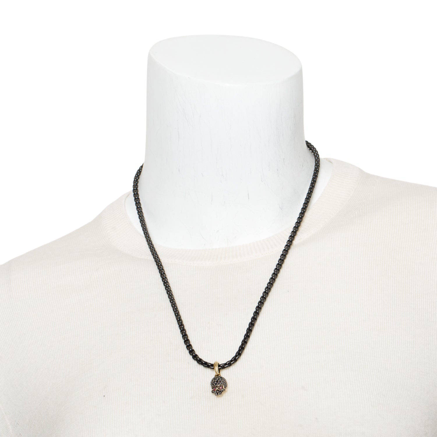 David Yurman 18k Yellow Gold Pave Black Diamond & Ruby Memento Mori Skull Amulet with 4MM Darkened Stainless Steel Box Chain