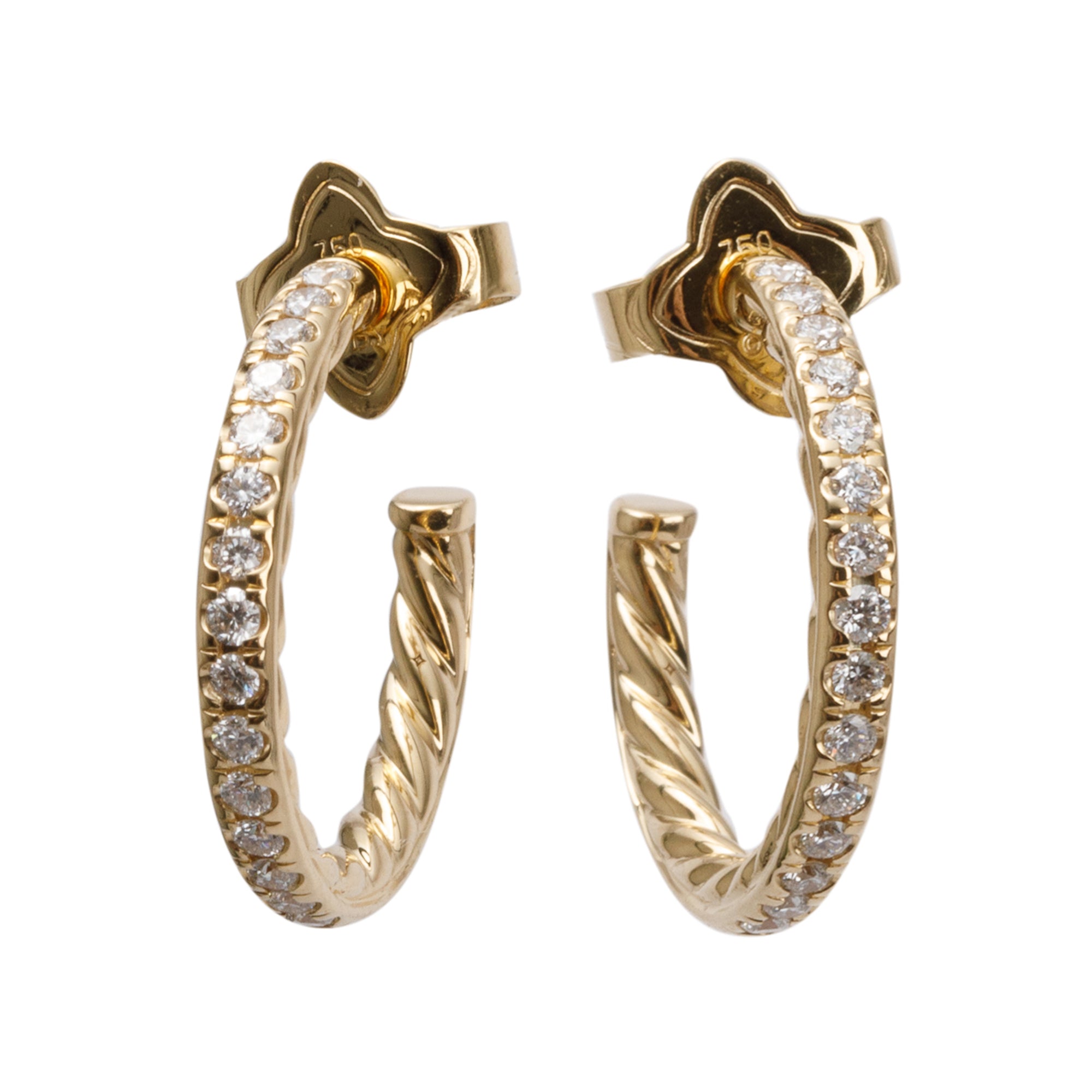 David Yurman 18k Yellow Gold Pave Diamond 19 MM Hoop Earrings