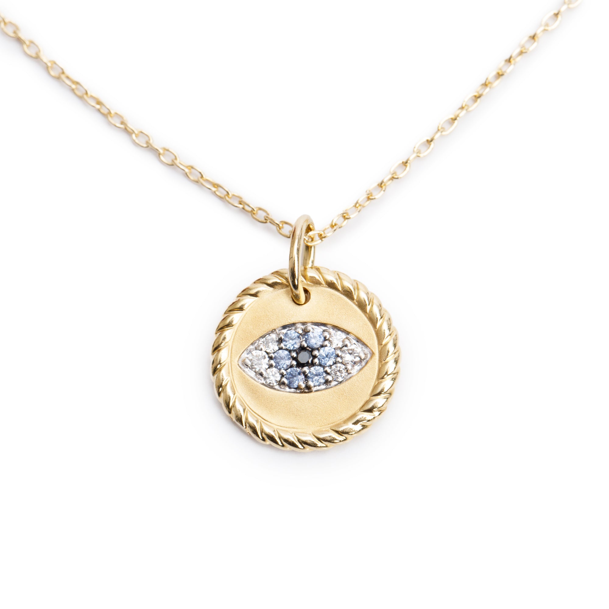 David Yurman 18k Yellow Gold Pave Sapphire & Diamond Cable Collectibles Evil Eye Pendant Necklace w/ Box & Receipt