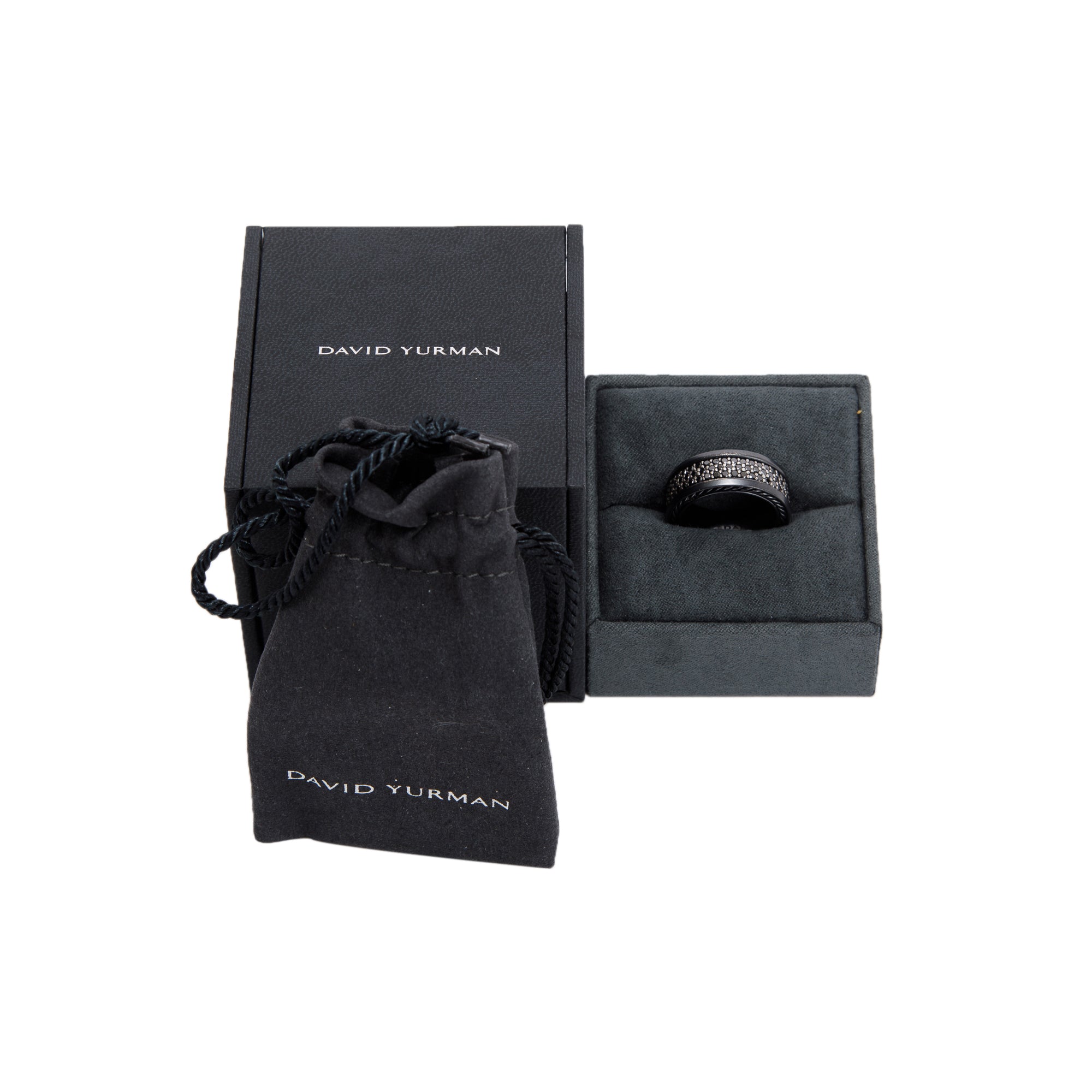 David Yurman Black Titanium Streamline Three-Row Black Diamond Band Ring w/ Box